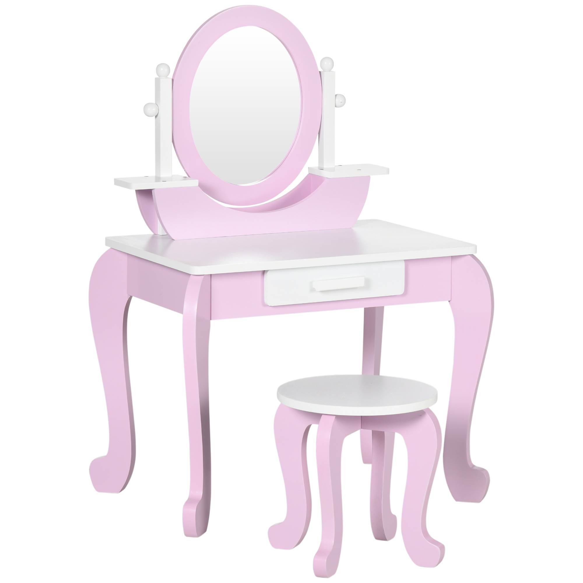Sans Marque - Coiffeuse en bois pour enfants avec tabouret et miroir, centre de beauté avec 1 tiroir pour les 3-6 ans, 65,5 x 46 x 93 cm, rose - Image 1