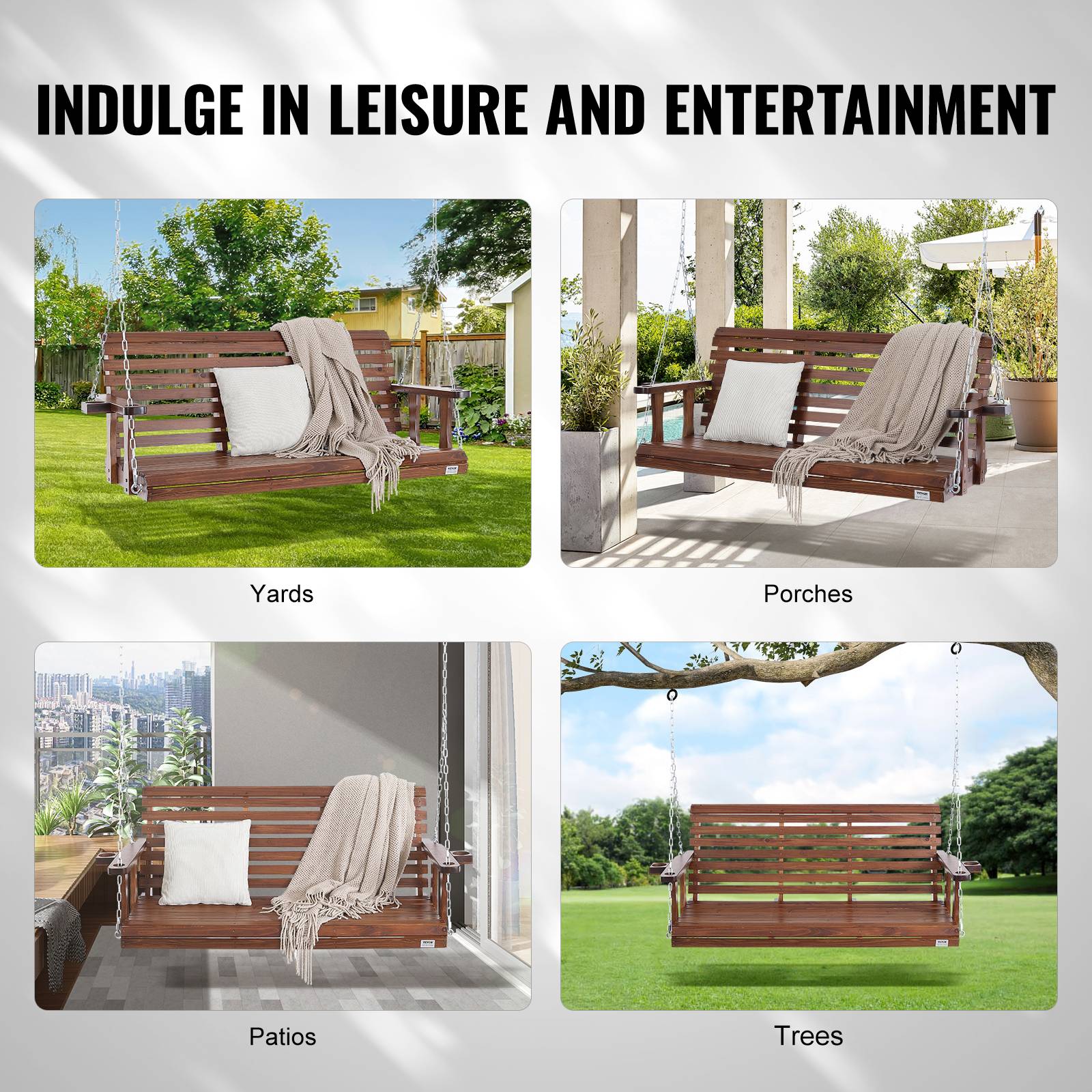 Vevor - VEVOR Balançoire porche bois 1702x710x600 mm, charge 400 kg. Chaines suspension, terrasse, marron. - Image 6