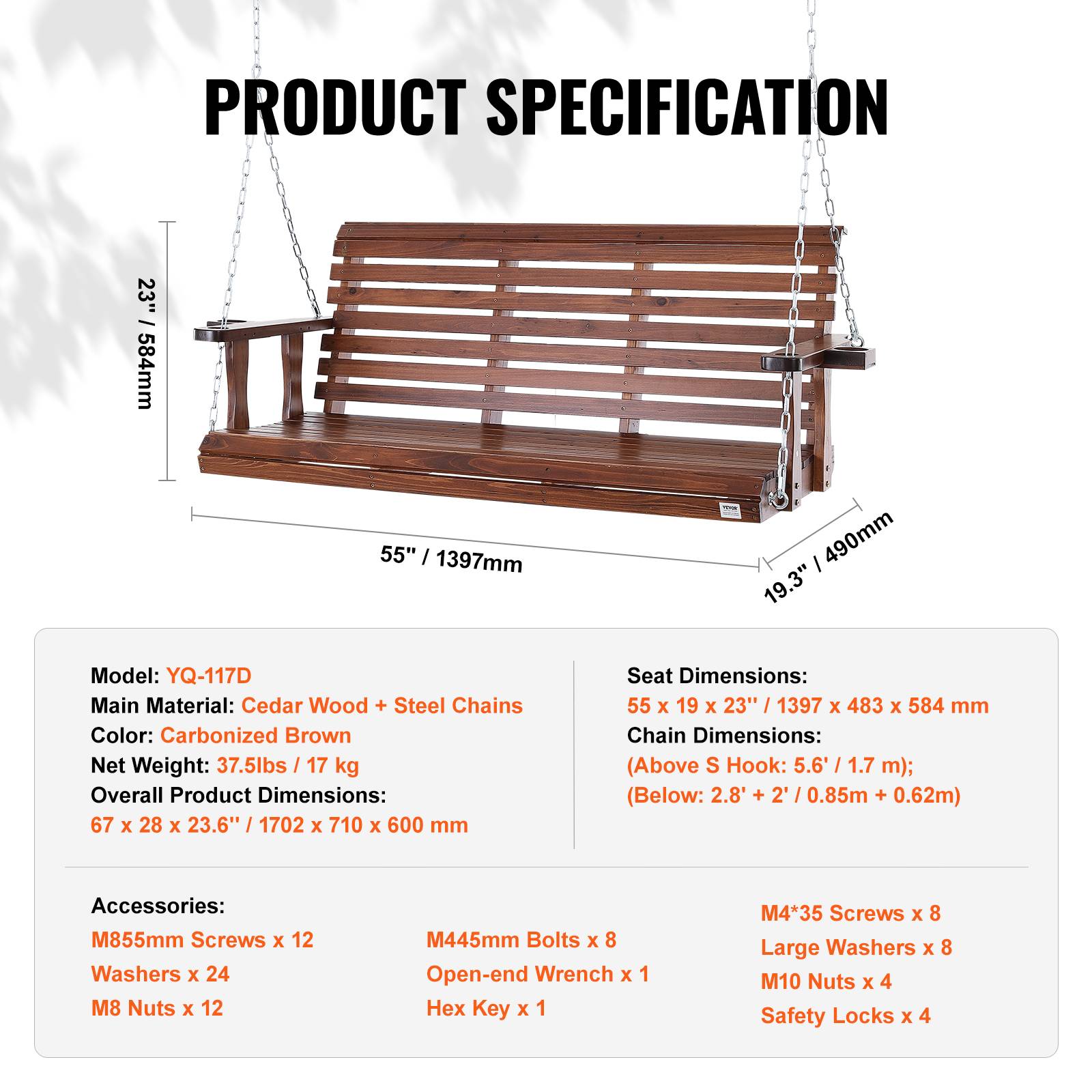 Vevor - VEVOR Balançoire porche bois 1702x710x600 mm, charge 400 kg. Chaines suspension, terrasse, marron. - Image 7