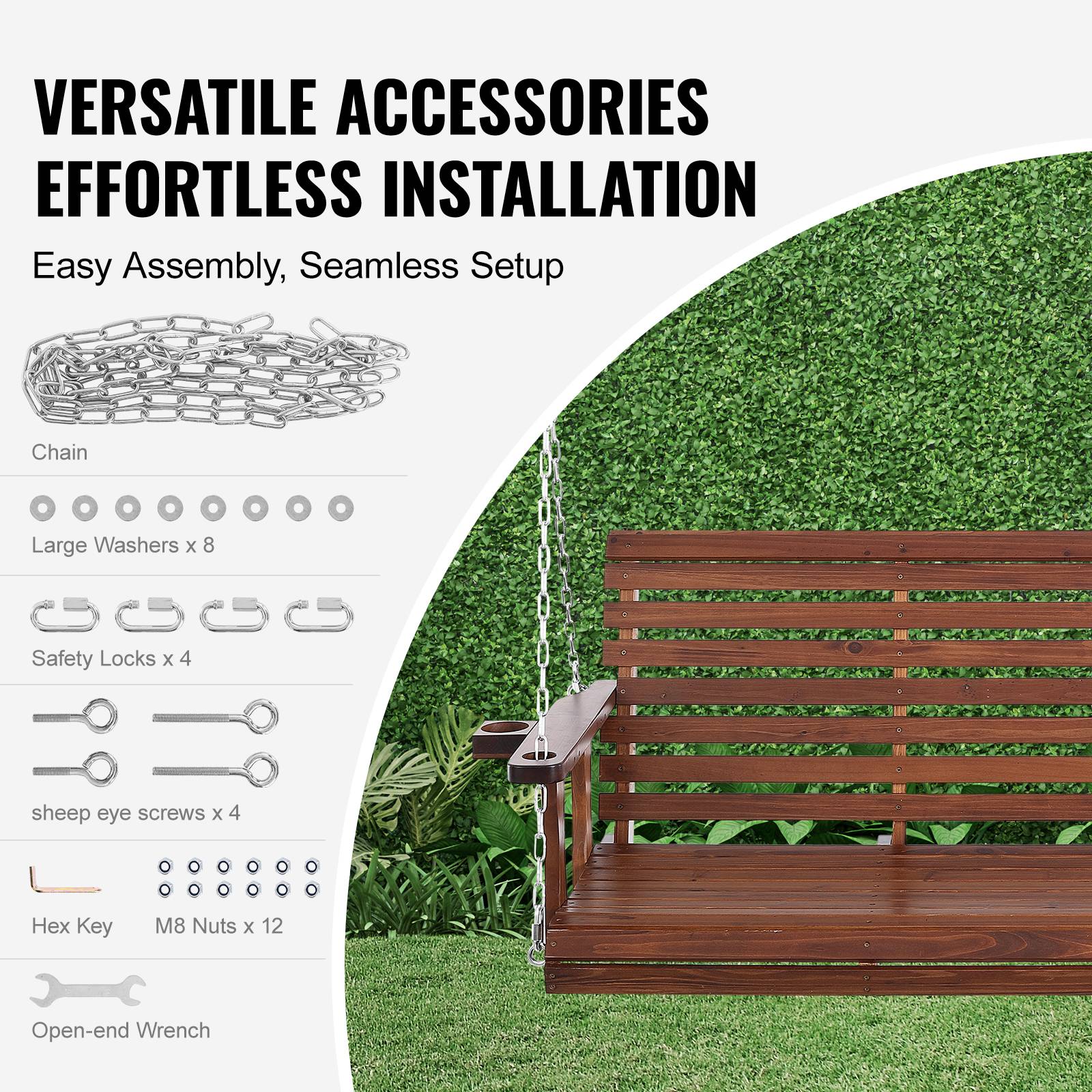 Vevor - VEVOR Balançoire porche bois 1702x710x600 mm, charge 400 kg. Chaines suspension, terrasse, marron. - Image 5