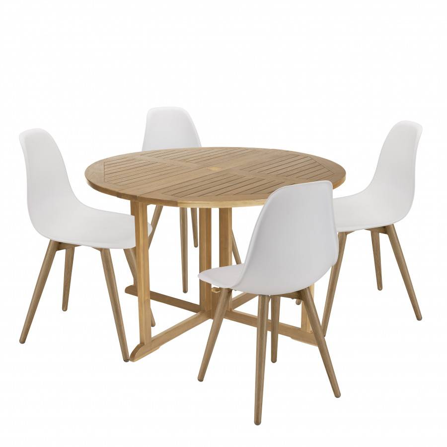 Macabane - MALO - SALON DE JARDIN 4 PERS. - 1 Table ronde 120x120cm et 4 chaises blanches pieds couleur naturelle - Image 1