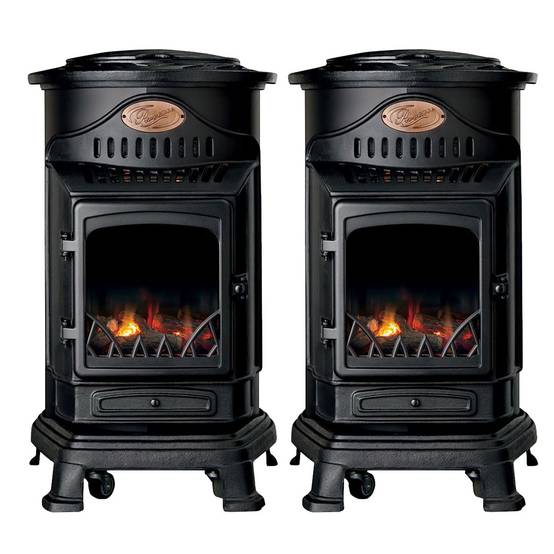 Pack de 2 Poêles à gaz Noir Provence en fonte 3,4KW Effet feu Chauffage d'appoint gaz sur roues - Image 1