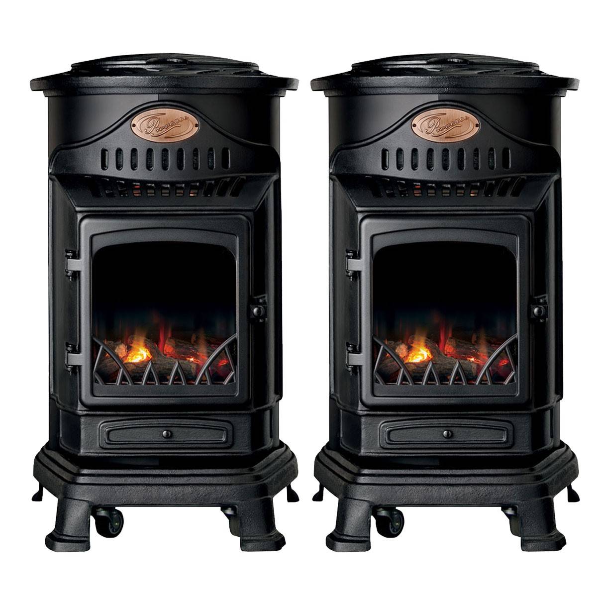 Pack de 2 Poêles à gaz Noir Provence en fonte 3,4KW Effet feu Chauffage d'appoint gaz sur roues - Image 1