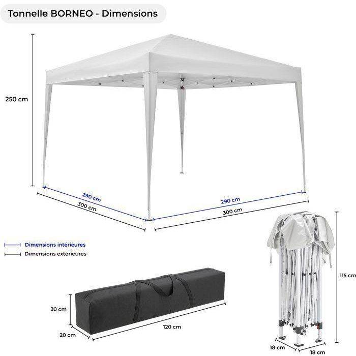 No name  - Tonnelle de jardin pliable 3 x 3 m acier blanc Oxford 210D écru - Image 8