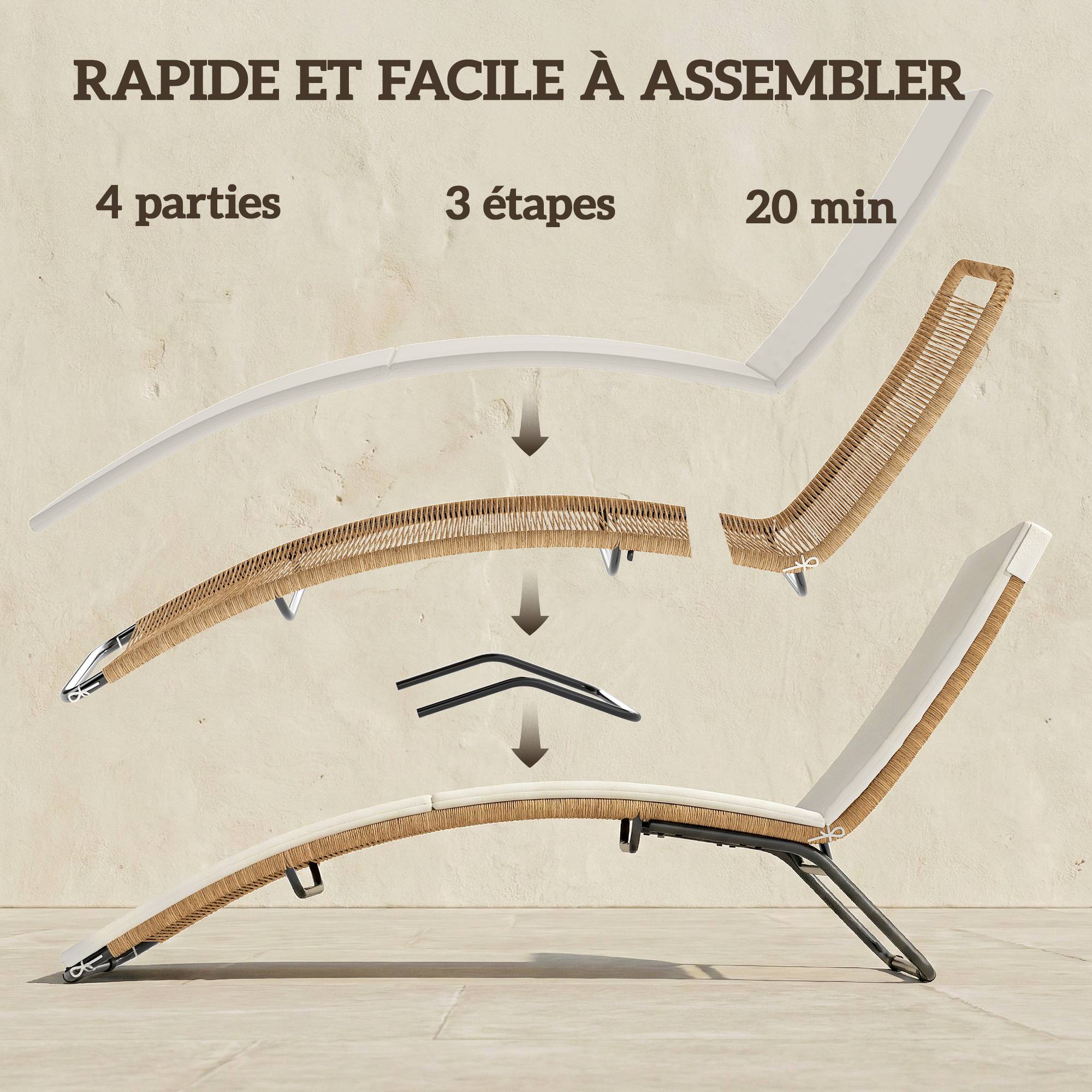 Sans Marque - Bain de soleil en résine tressée transat de jardin design en S courbe naturelle structure robuste acier coussin crème - Image 10