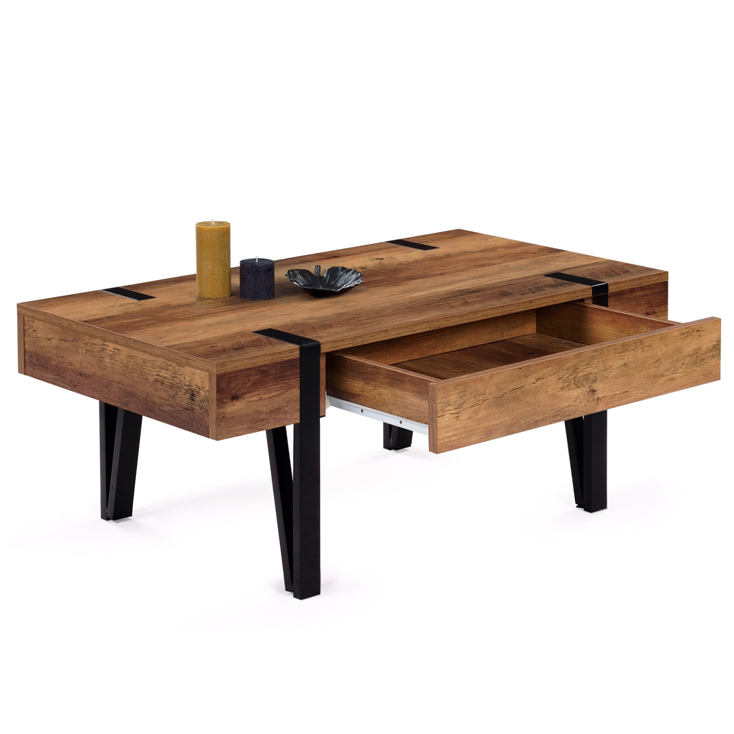 Table basse rectangulaire 1 tiroir AUSTRIA 100 cm bois pied épingle noir - Image 4
