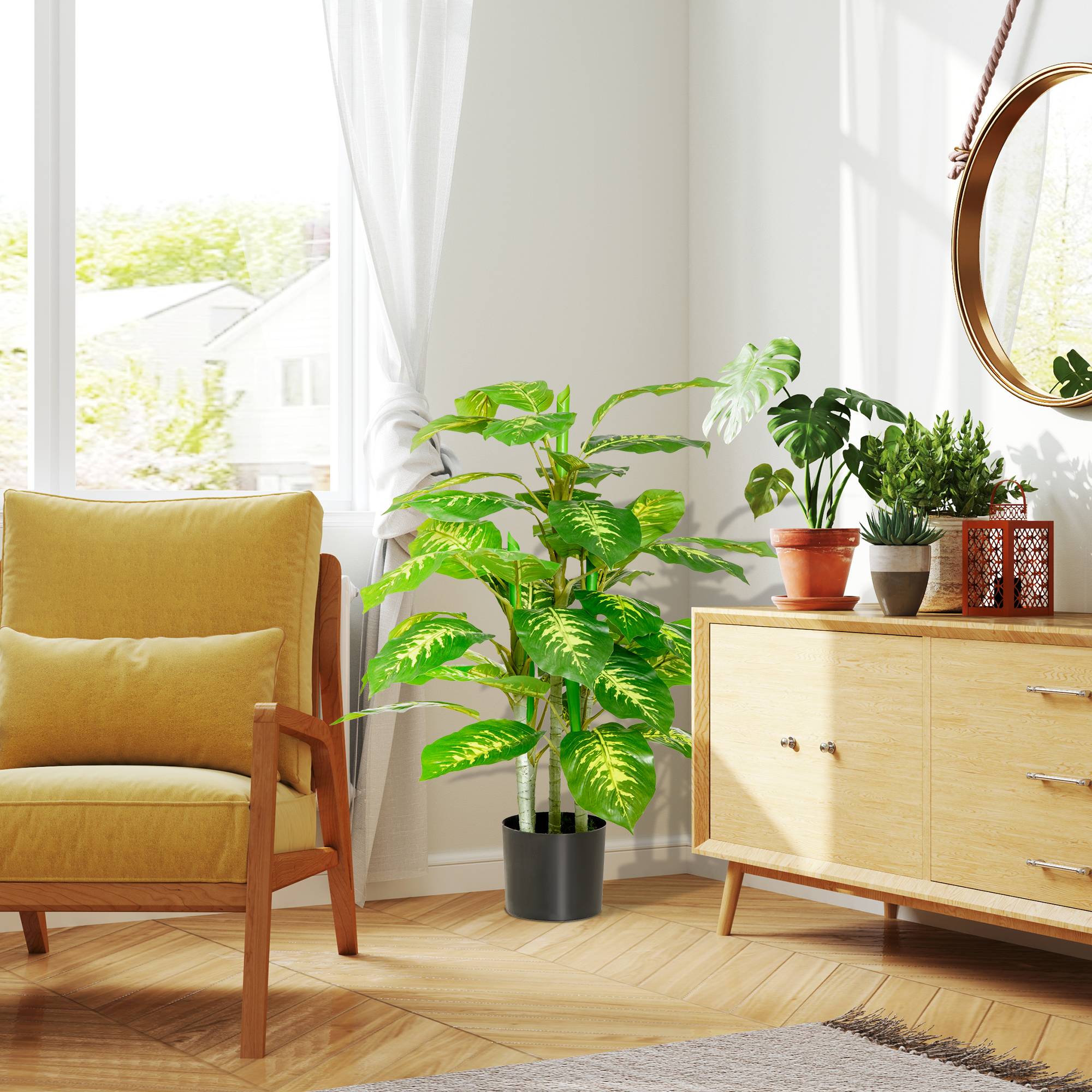 Sans Marque - Plante artificielle, plante en plastique, pot en ciment, intérieur/extérieur, 95 cm, vert - Image 9