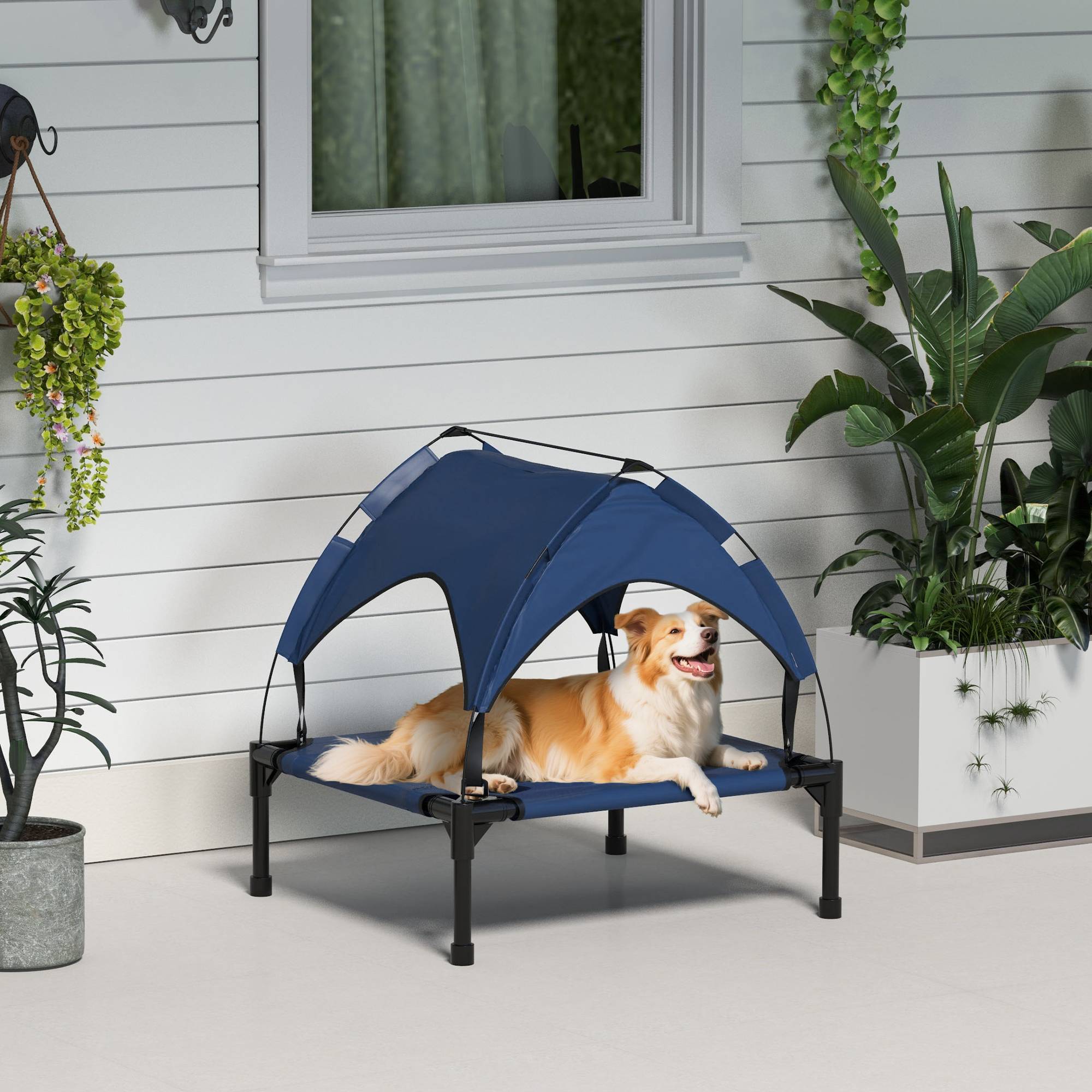 Lit pour chien avec toit acier polyester bleu foncé 76 x 61 x 69.5 cm - PANGIVO - Image 4