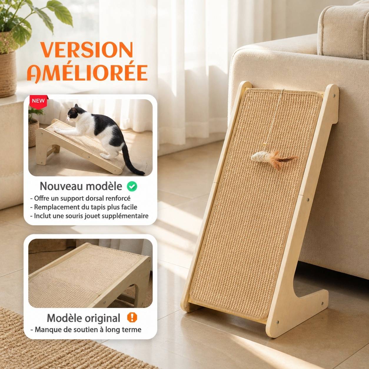 Grattoir pour chat en sisal L shape mural ou sol avec souris incluse - Image 3