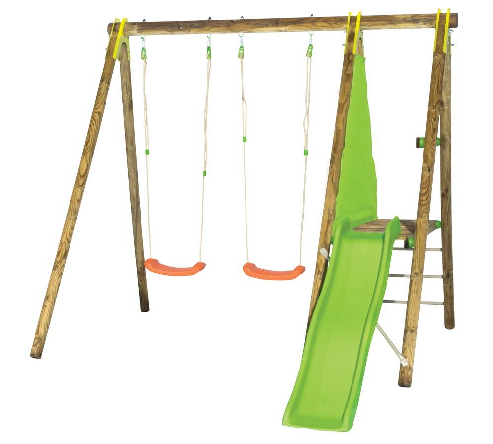 Trigano - Portique DANI bois 2,30 m - 2 balançoires soufflées + toboggan - 3 enfants Trigano