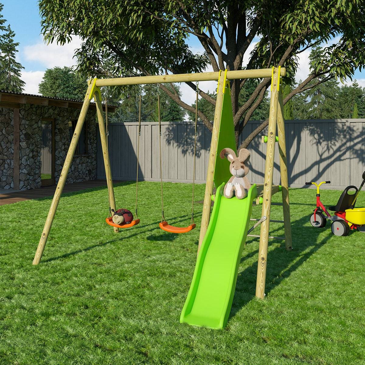 Trigano - Portique DANI bois 2,30 m - 2 balançoires soufflées + toboggan - 3 enfants Trigano - Image 6