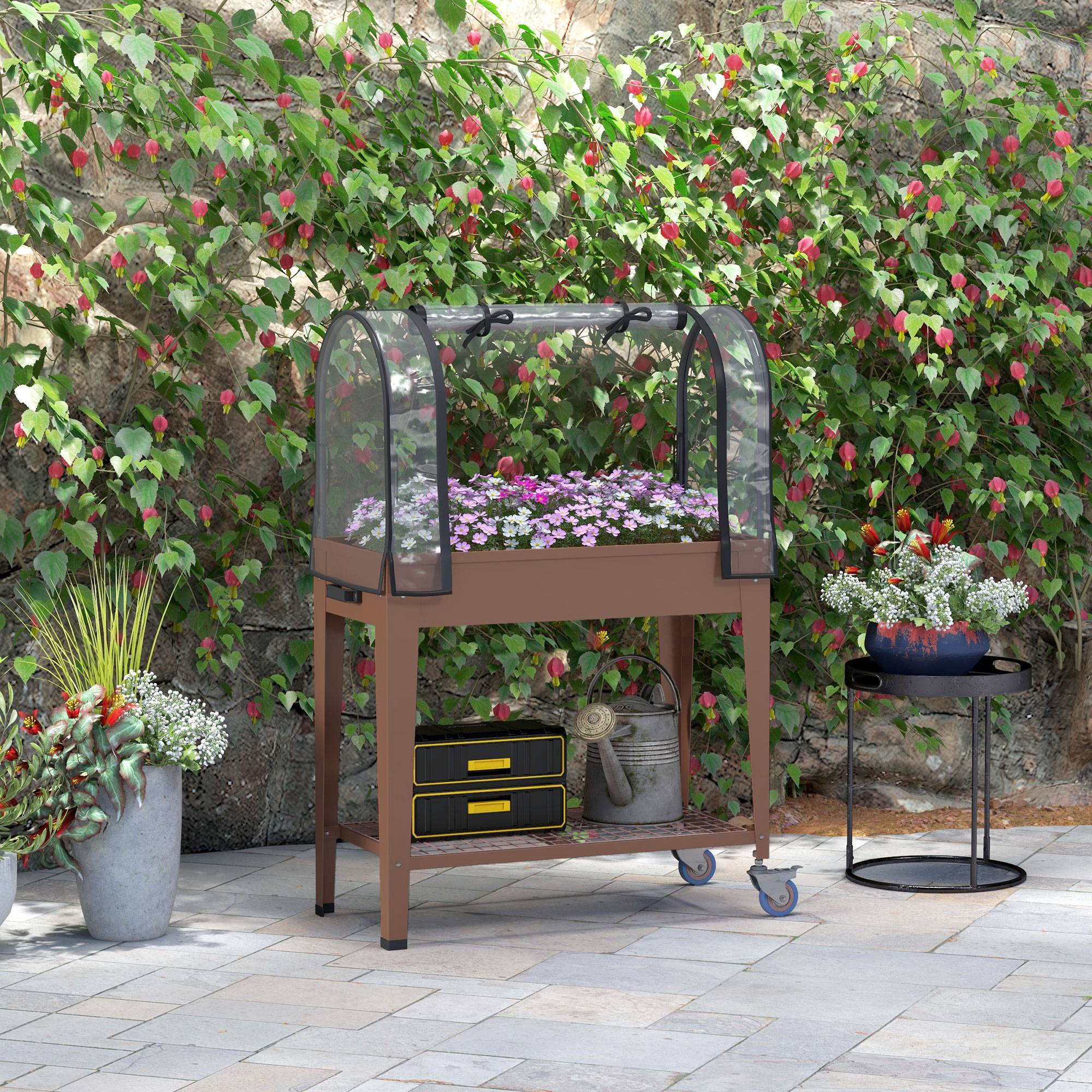 ComfortXL - Jardinière surélevée en métal et plastique marron 80 x 40 x 120 cm avec mini-serre et roulettes freinées