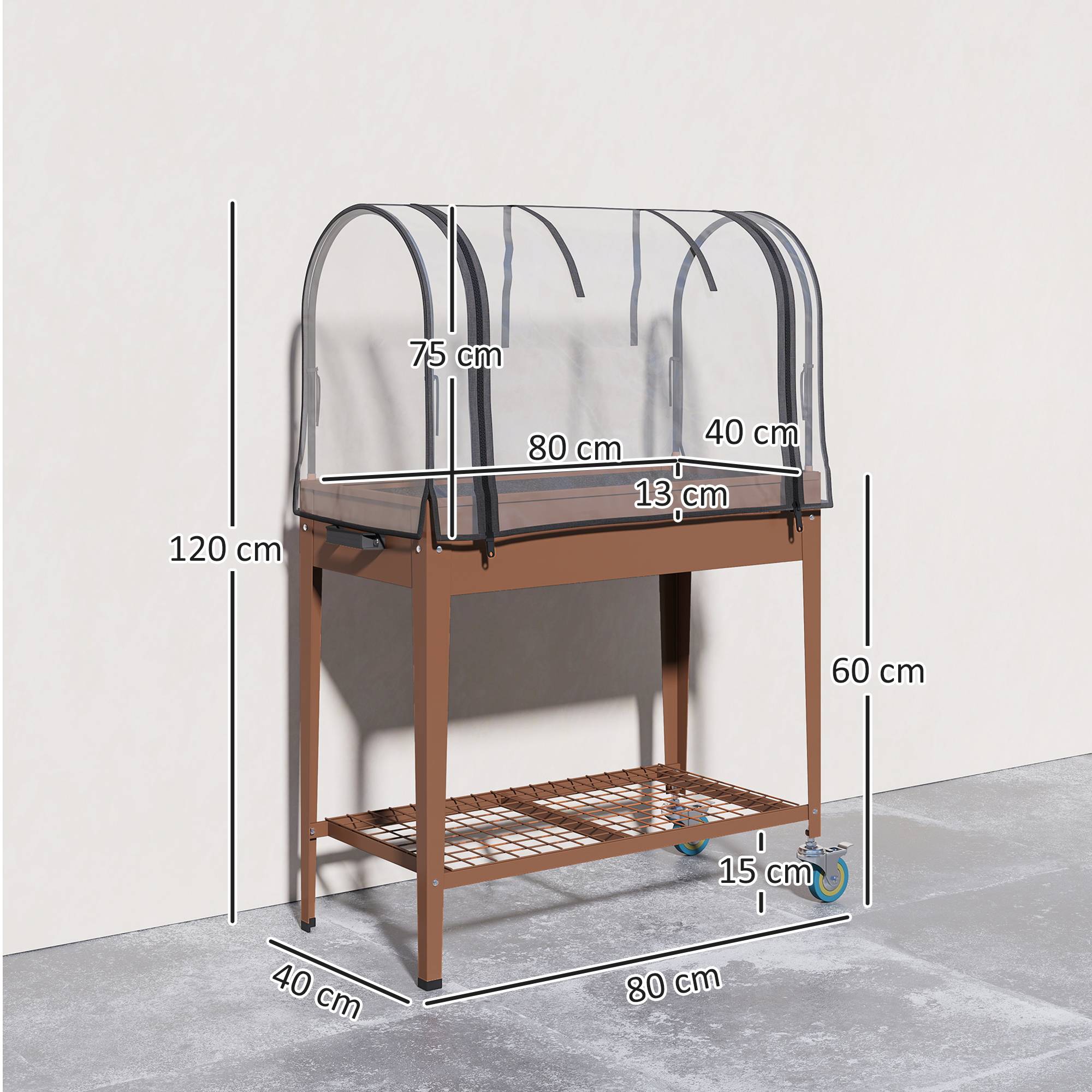 ComfortXL - Jardinière surélevée en métal et plastique marron 80 x 40 x 120 cm avec mini-serre et roulettes freinées - Image 3