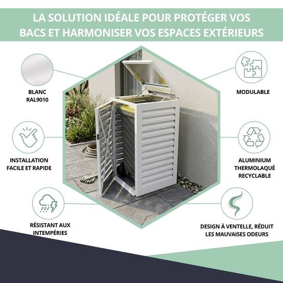 Cache Poubelle Extérieur Simple en Aluminium thermolaqué - Abri pour 1 conteneur 120 Litres – Blanc RAL 9010 - Image 2