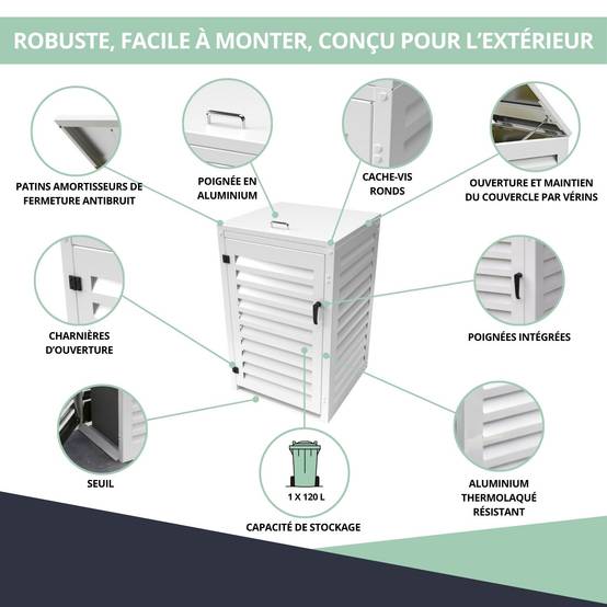 Cache Poubelle Extérieur Simple en Aluminium thermolaqué - Abri pour 1 conteneur 120 Litres – Blanc RAL 9010 - Image 5