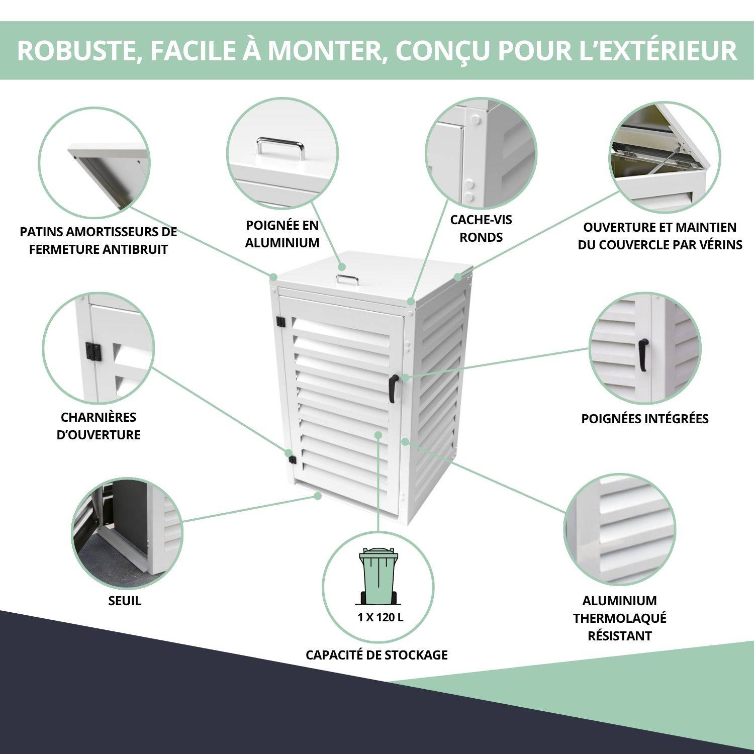 Cache Poubelle Extérieur Simple en Aluminium thermolaqué - Abri pour 1 conteneur 120 Litres – Blanc RAL 9010 - Image 5