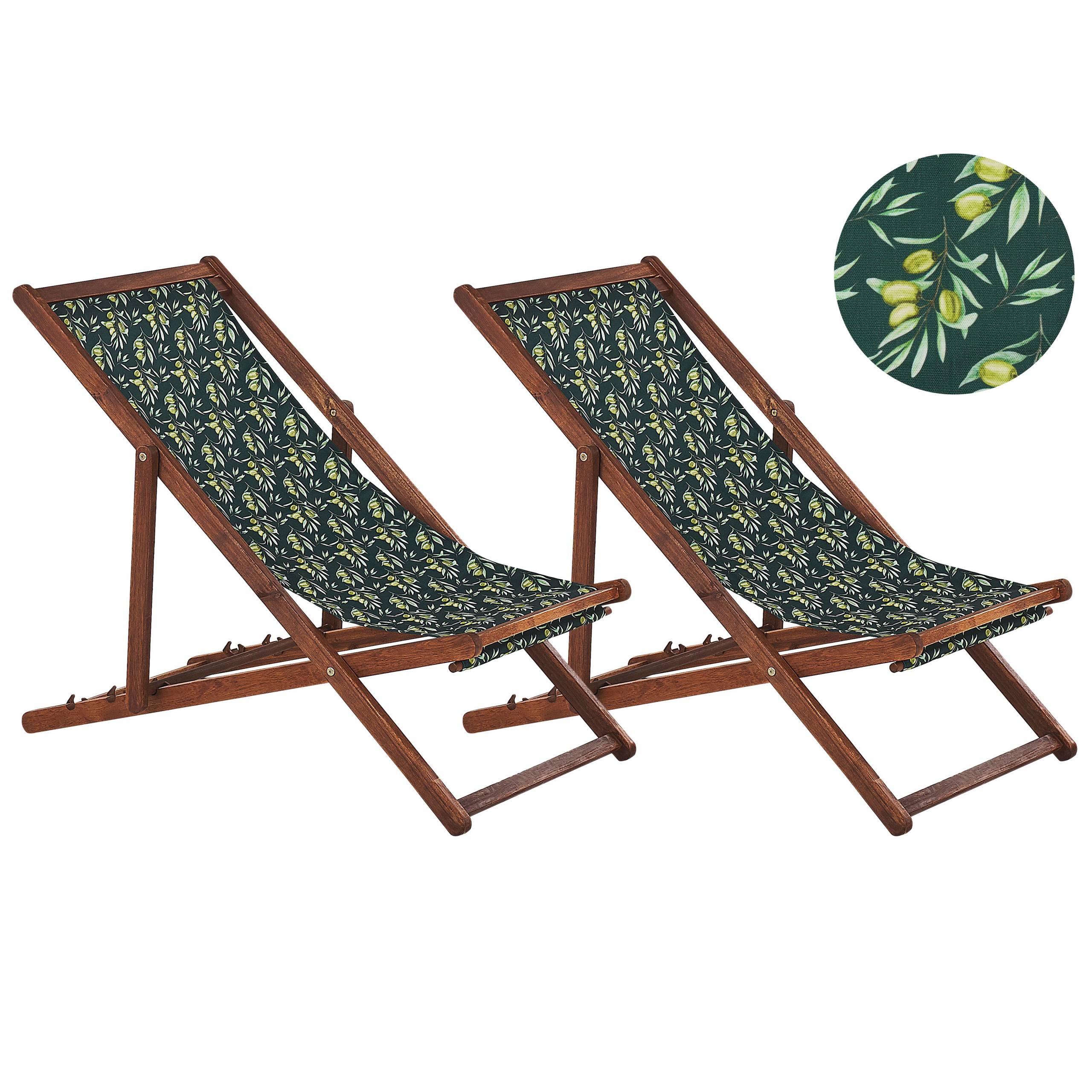 Beliani - 2 Transats Chiliennes Pliantes et Réglables en Bois d'Acacia Foncé et Textile Motif Olives avec Toiles de Remplacement - Image 1