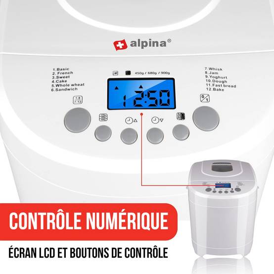 Alpina - Machine à pain 600W 2L 12 programmes Minuterie Ecran LCD Petit et grand pains 450 à 900 gr ALPINA - Image 5