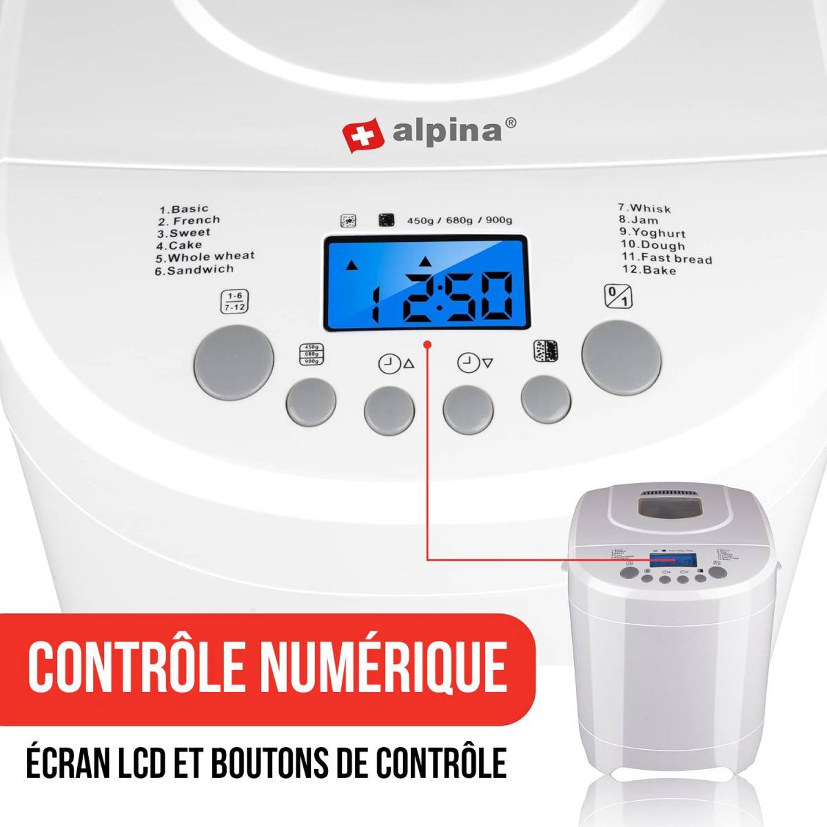 Alpina - Machine à pain 600W 2L 12 programmes Minuterie Ecran LCD Petit et grand pains 450 à 900 gr ALPINA - Image 5
