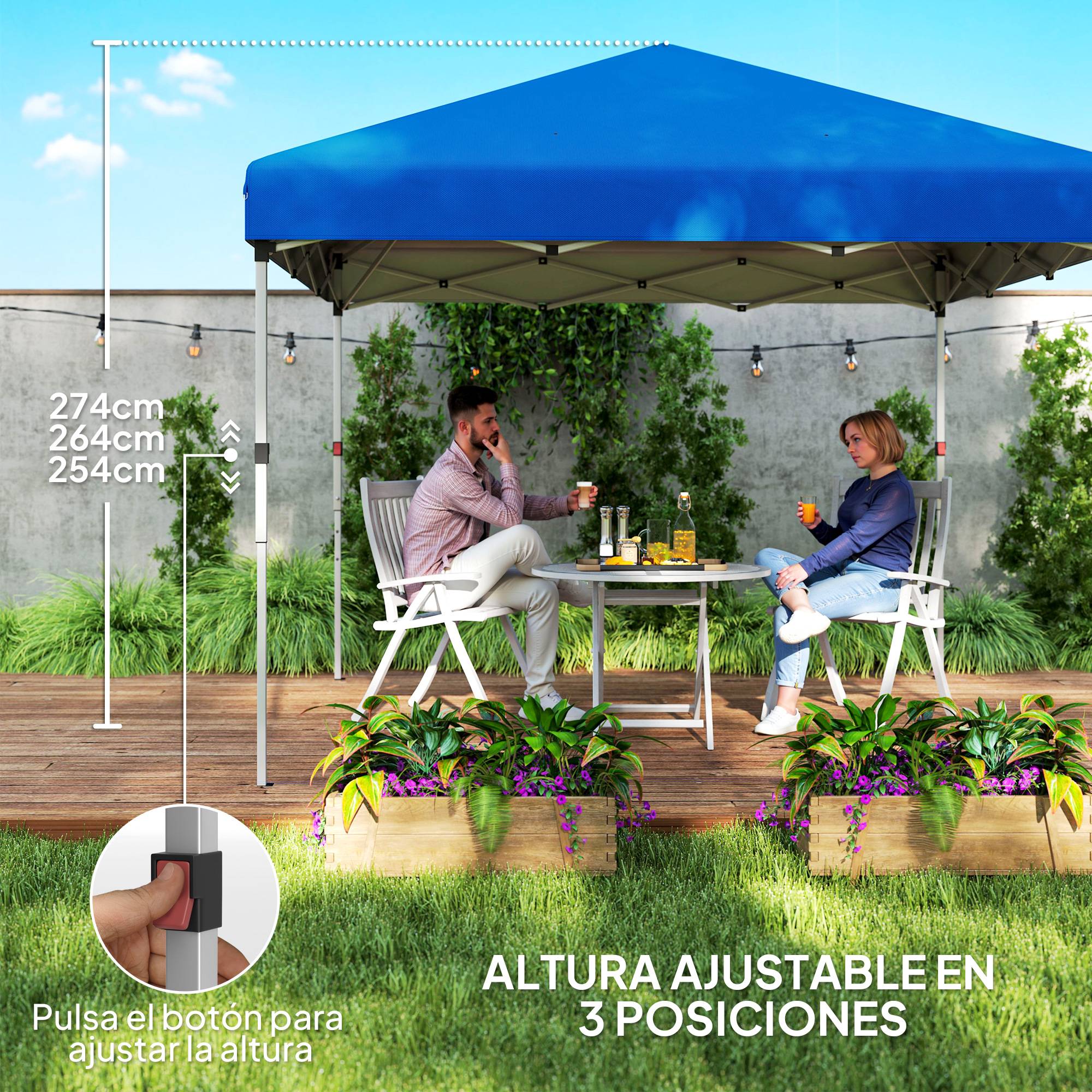 Tente pliante 3x3m avec 2 parois latérales anti-UV, hauteur réglable, sacs de lestage et sac de transport - Bleue - Image 8