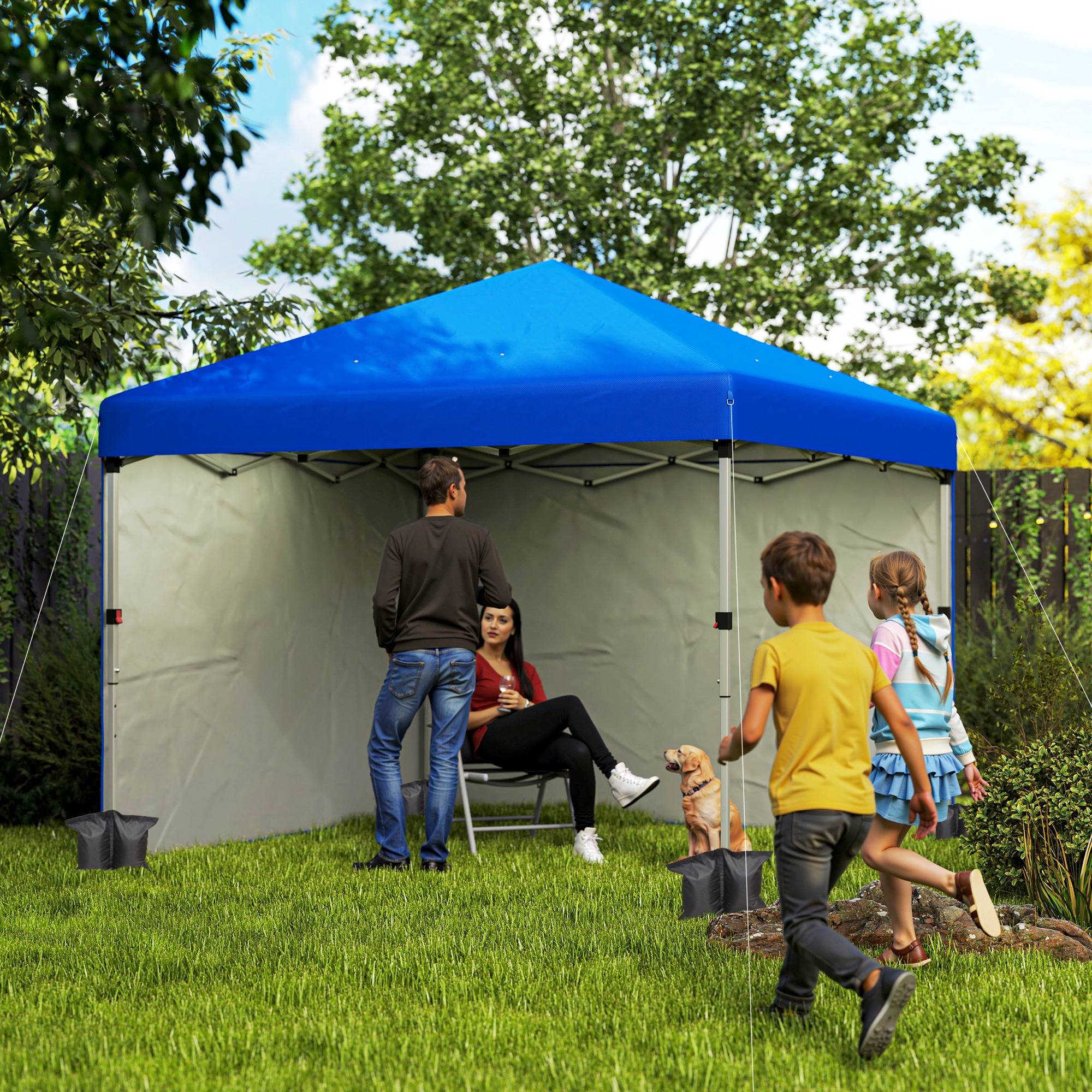 Tente pliante 3x3m avec 2 parois latérales anti-UV, hauteur réglable, sacs de lestage et sac de transport - Bleue - Image 3