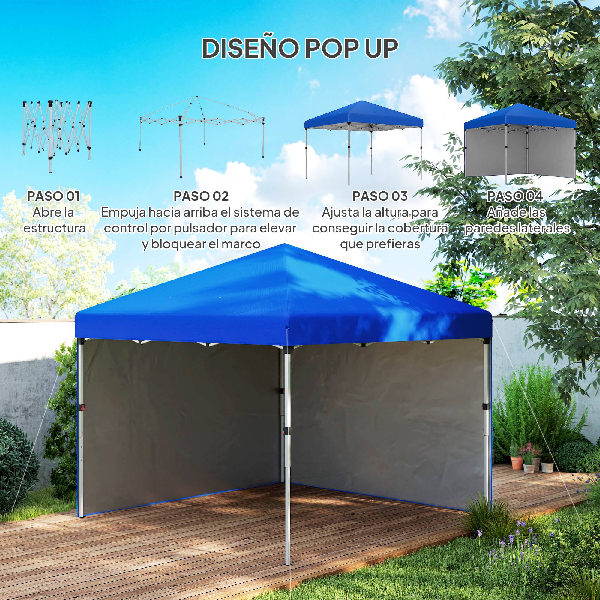 Tente pliante 3x3m avec 2 parois latérales anti-UV, hauteur réglable, sacs de lestage et sac de transport - Bleue - Image 7
