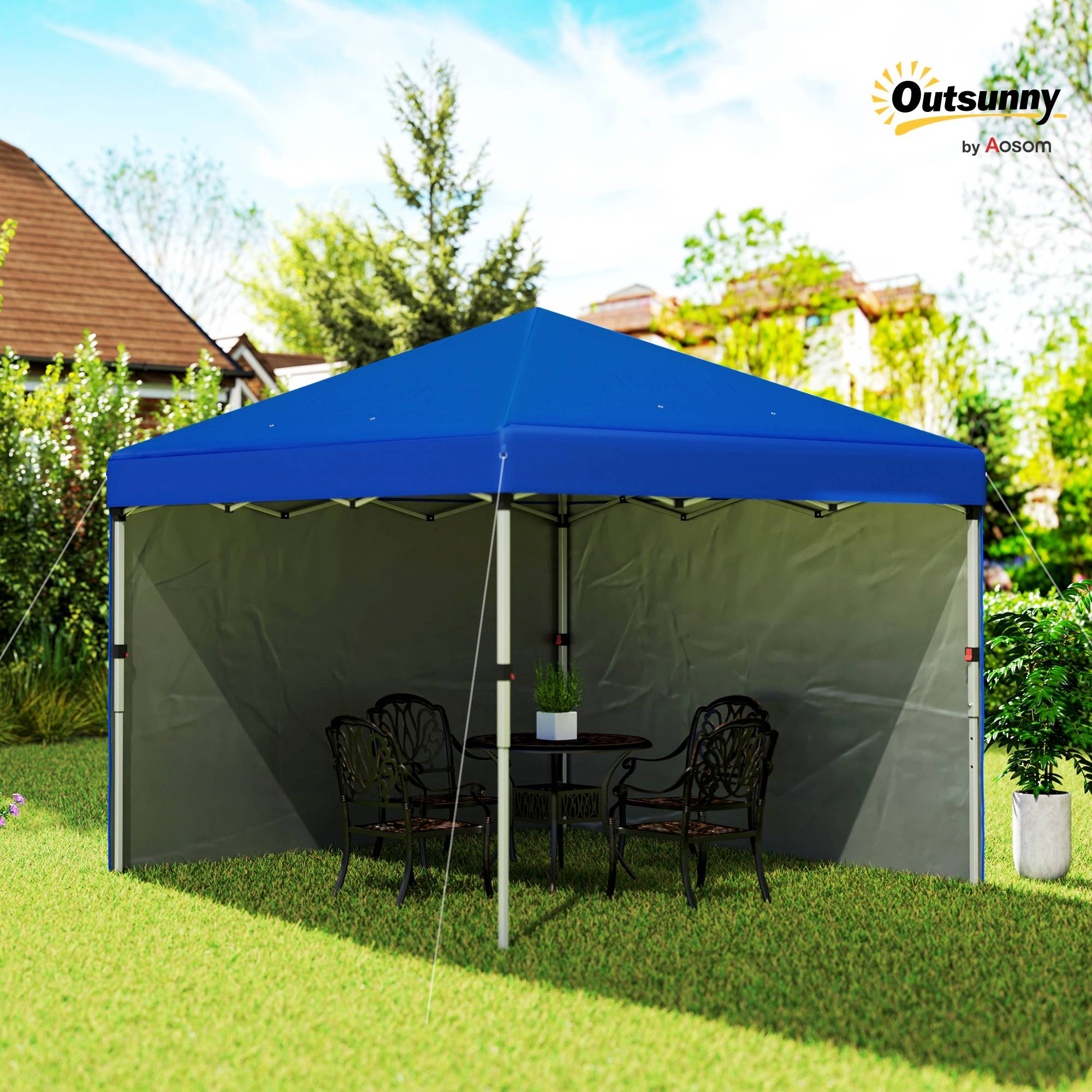 Tente pliante 3x3m avec 2 parois latérales anti-UV, hauteur réglable, sacs de lestage et sac de transport - Bleue - Image 4