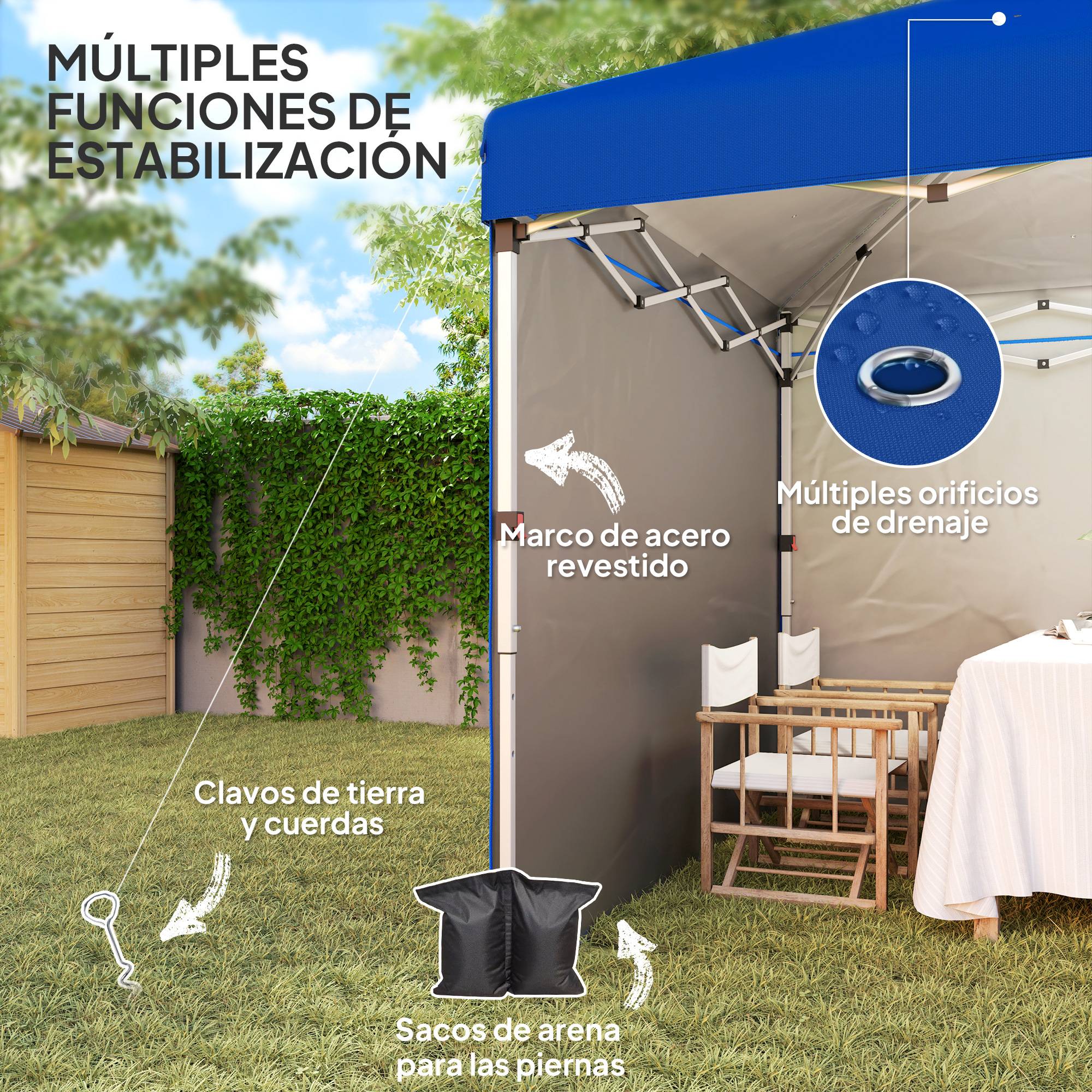 Tente pliante 3x3m avec 2 parois latérales anti-UV, hauteur réglable, sacs de lestage et sac de transport - Bleue - Image 9