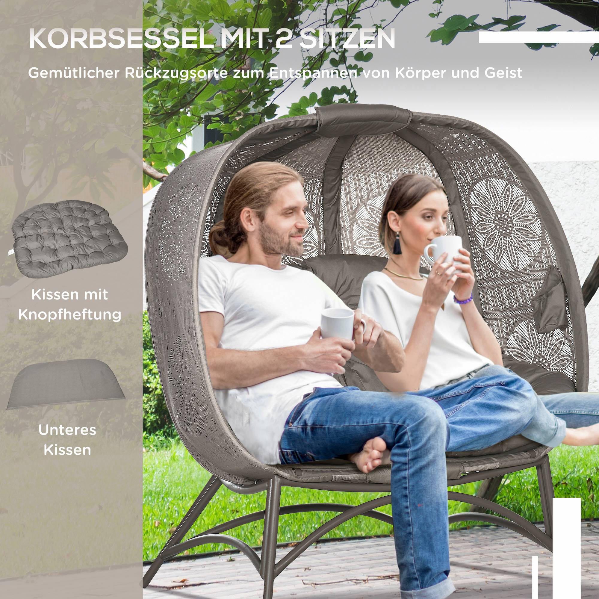 Chaise de jardin 2 places, pliable, grand coussin d'assise, structure en acier, coloris sable, 126 x 90 x 142 cm - Image 7