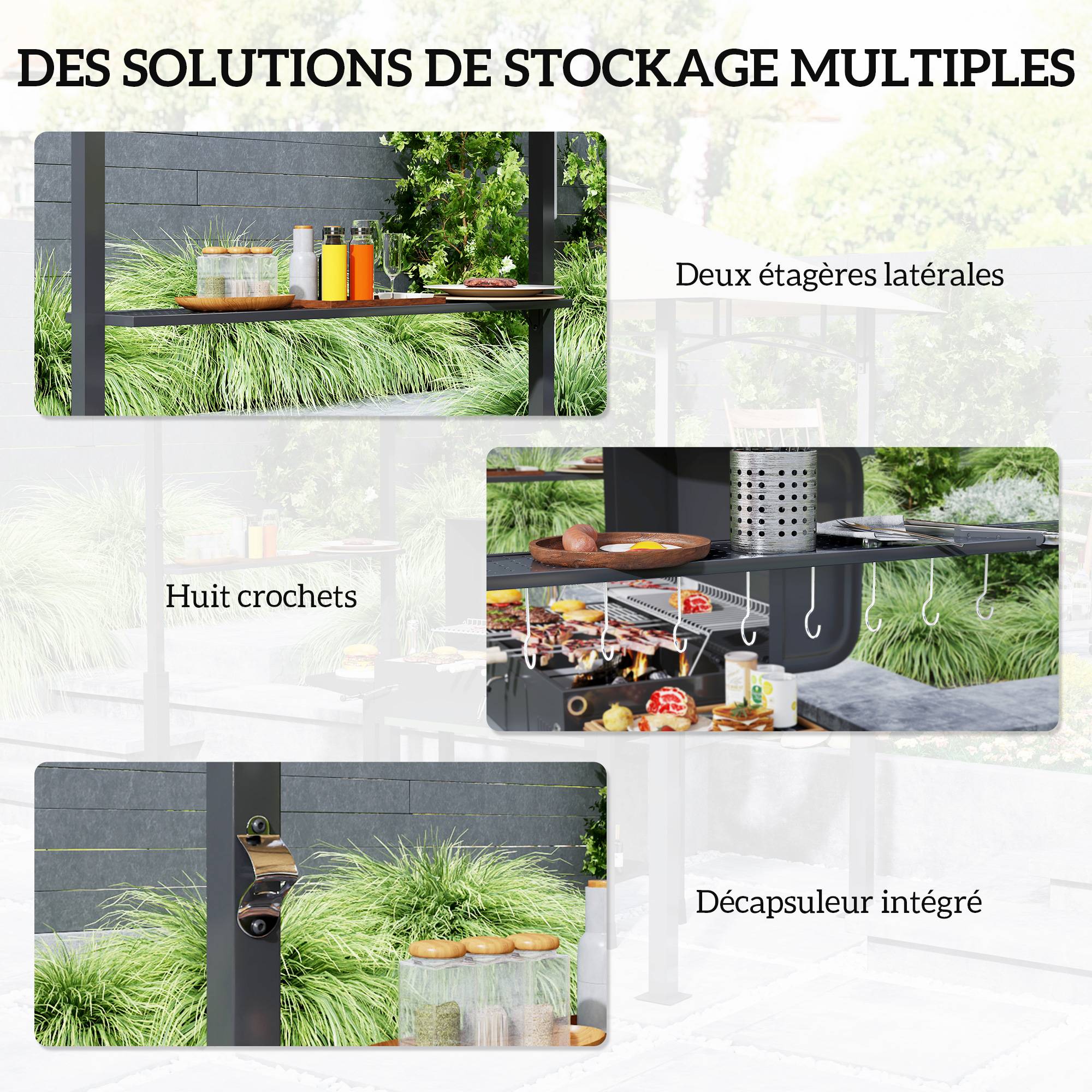 Tonnelle de barbecue à deux niveaux auvent de réception pour jardin avec lumière LED 240 x 150 x 250 cm kaki - Image 7