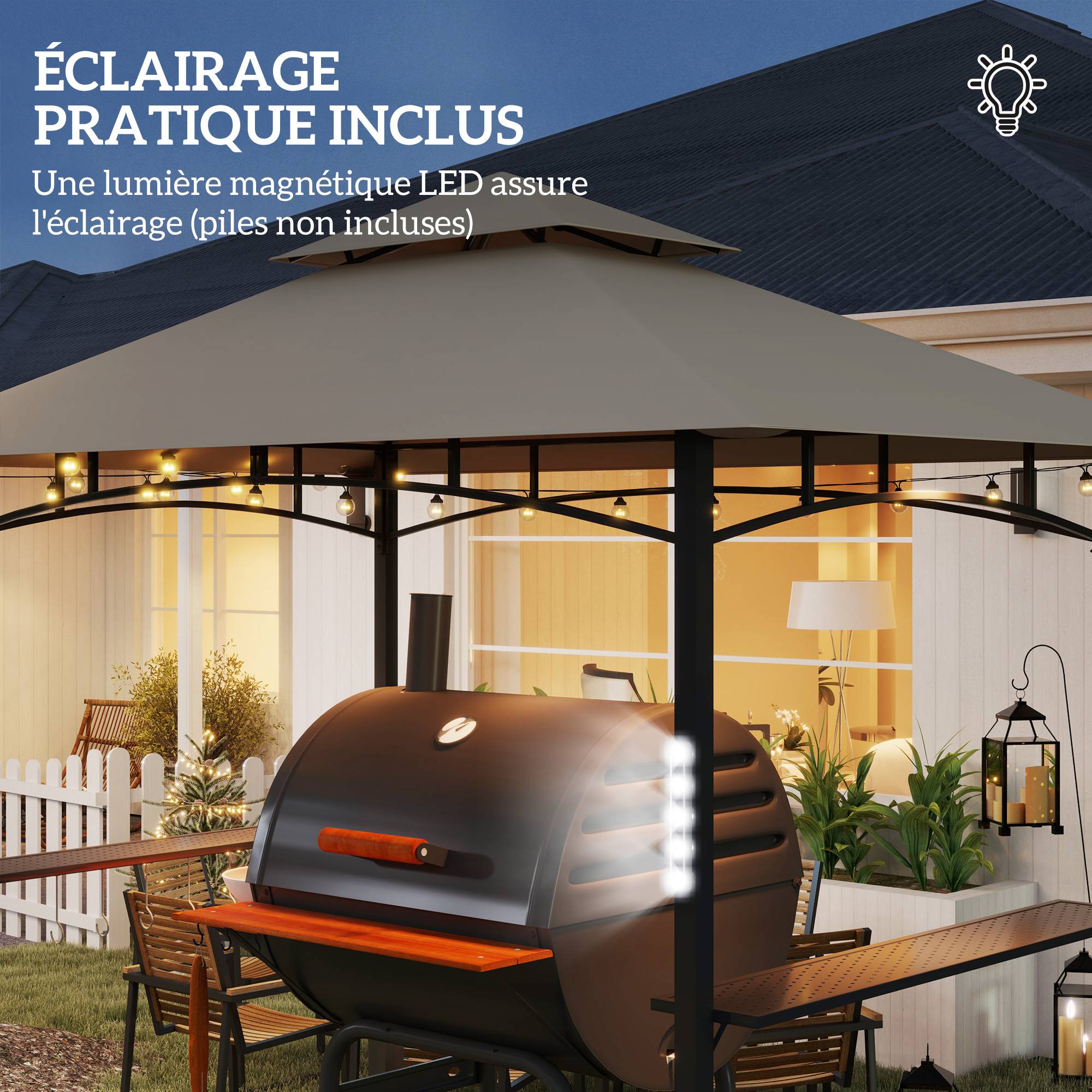 Tonnelle de barbecue à deux niveaux auvent de réception pour jardin avec lumière LED 240 x 150 x 250 cm kaki - Image 8