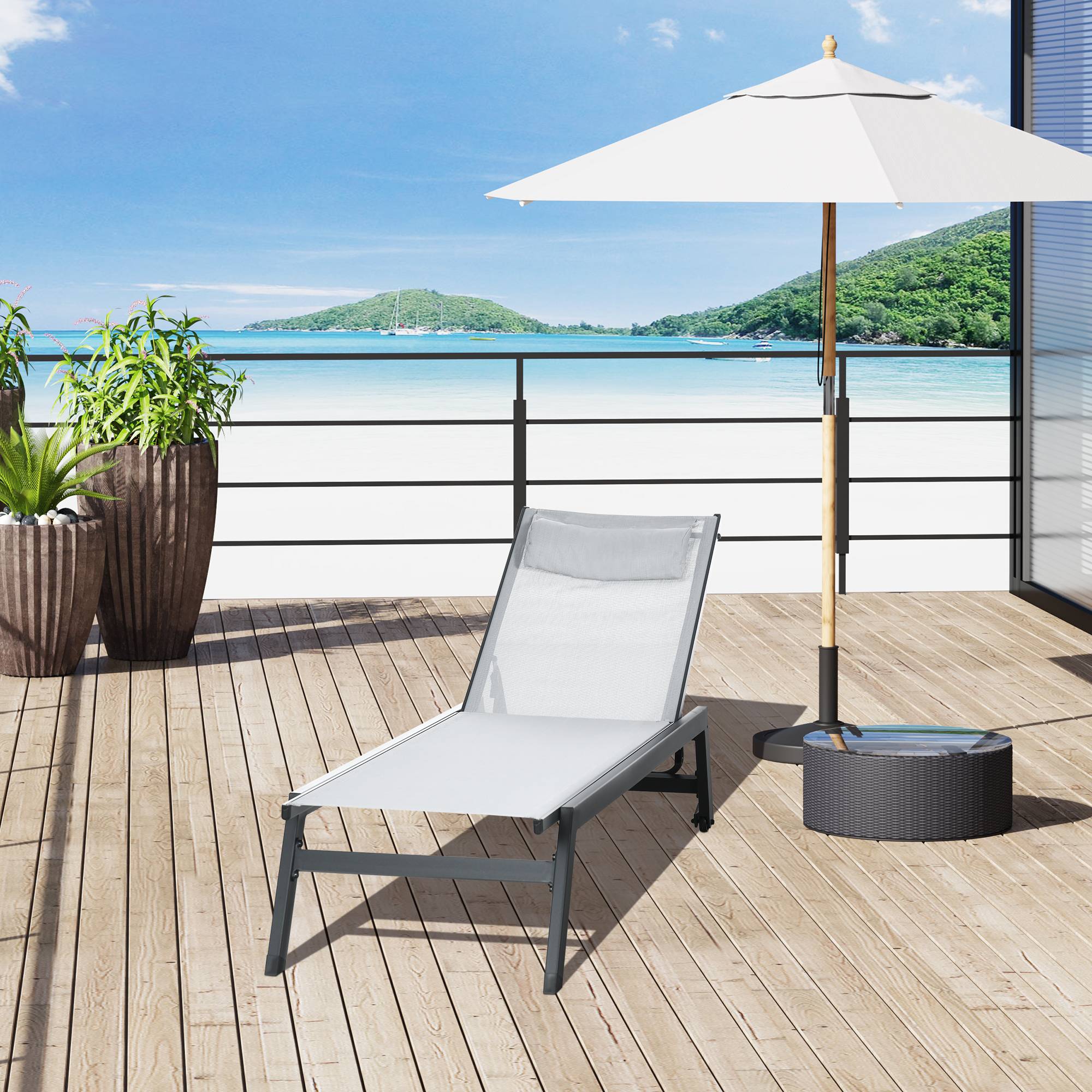 Bain de soleil transat en aluminium et textilène avec roulettes - 164x55x90cm Gris clair fr39 - Image 4