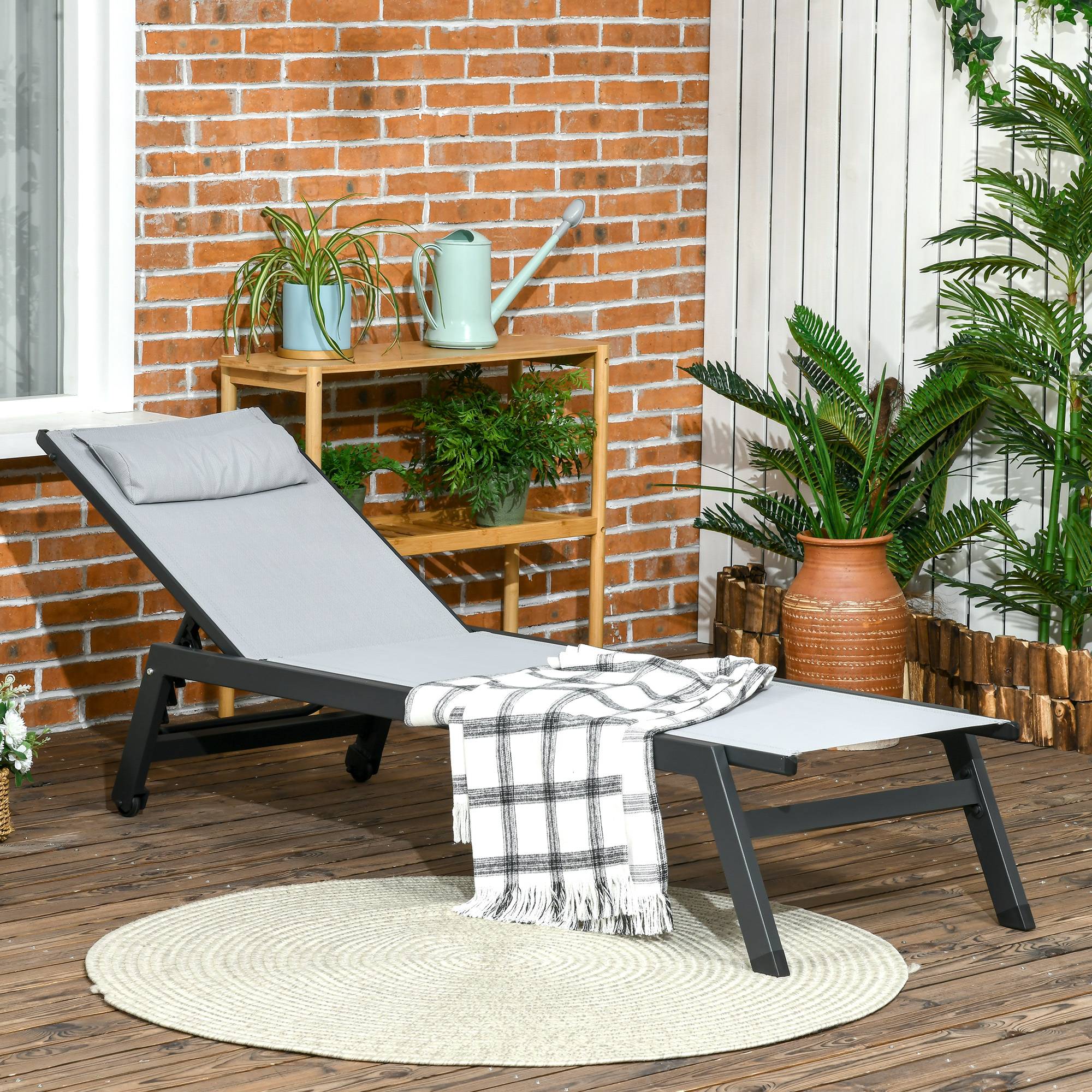 Bain de soleil transat en aluminium et textilène avec roulettes - 164x55x90cm Gris clair fr39 - Image 3