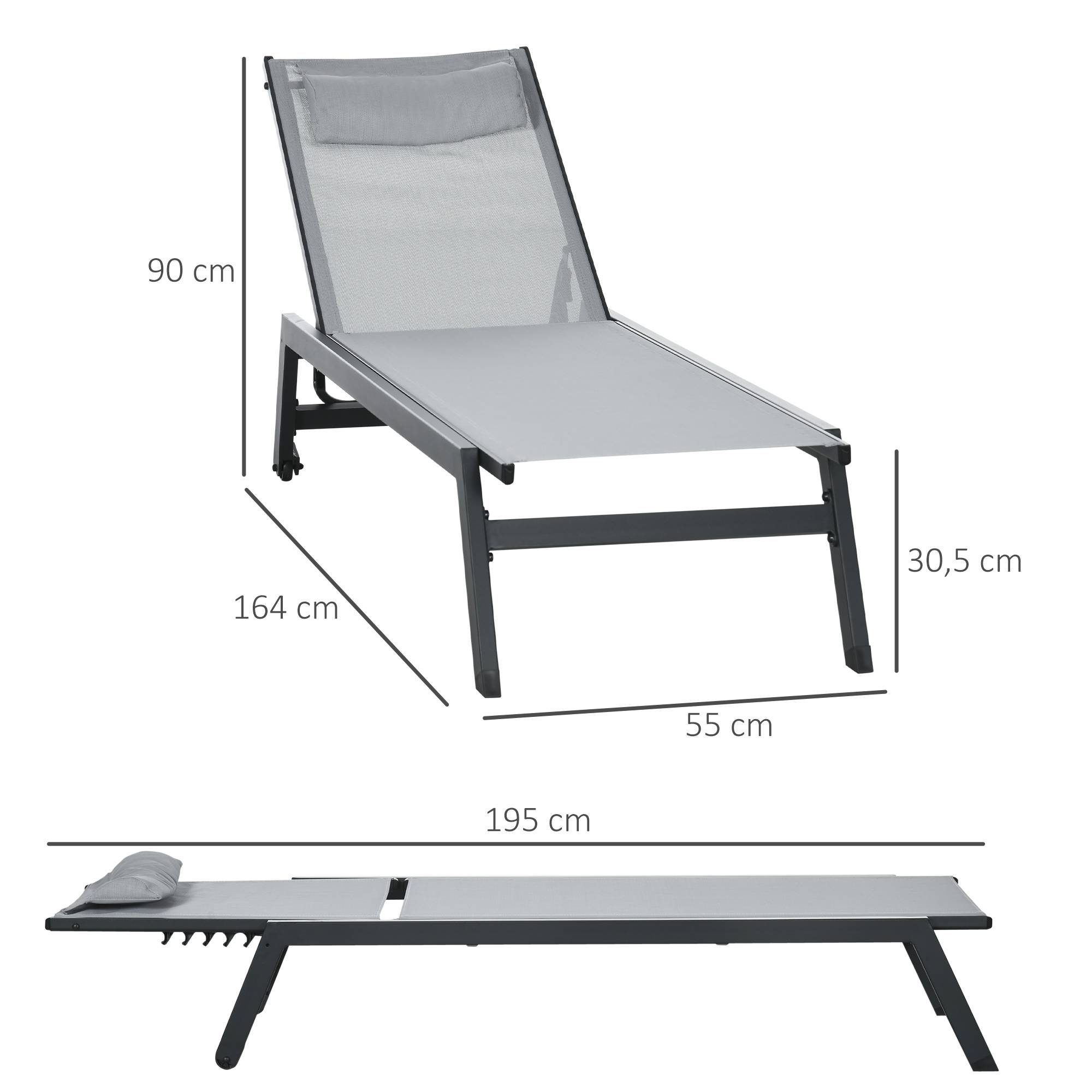 Bain de soleil transat en aluminium et textilène avec roulettes - 164x55x90cm Gris clair fr39 - Image 5