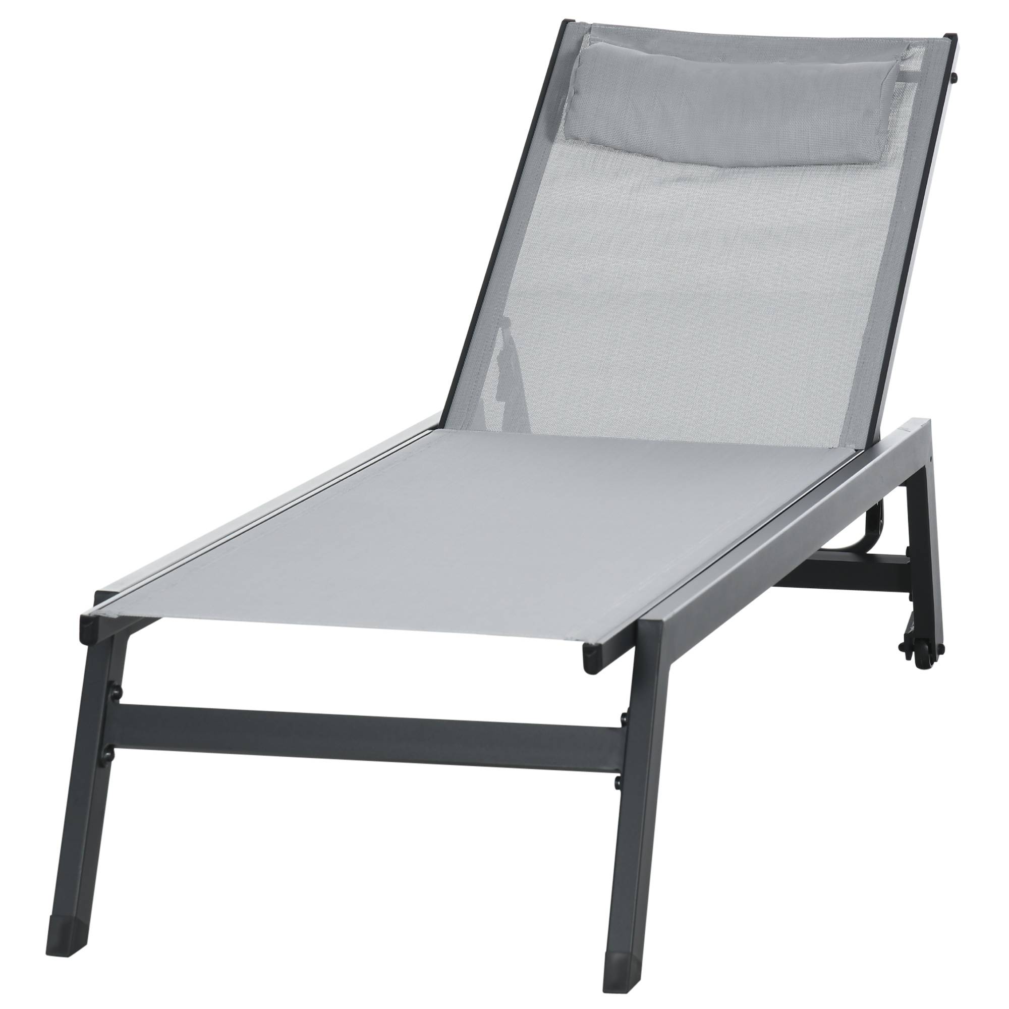 Bain de soleil transat en aluminium et textilène avec roulettes - 164x55x90cm Gris clair fr39 - Image 2