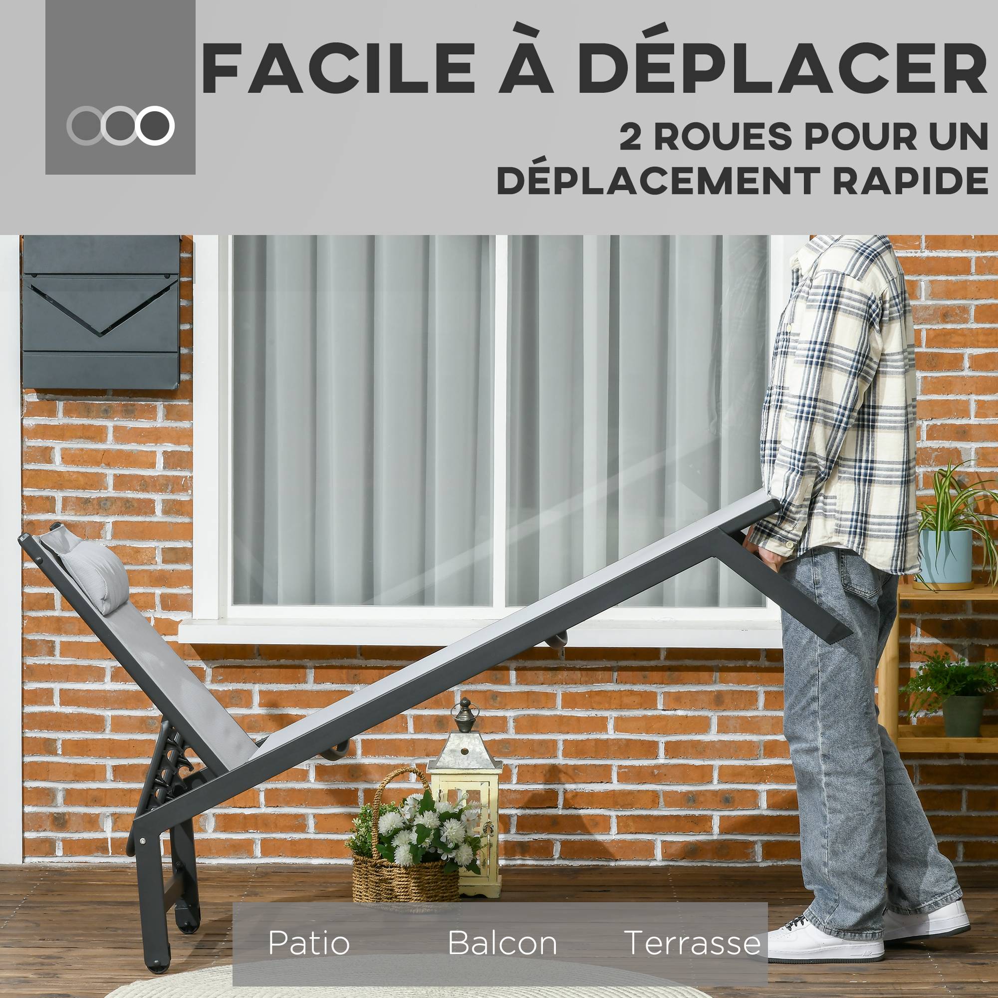 Bain de soleil transat en aluminium et textilène avec roulettes - 164x55x90cm Gris clair fr39 - Image 6