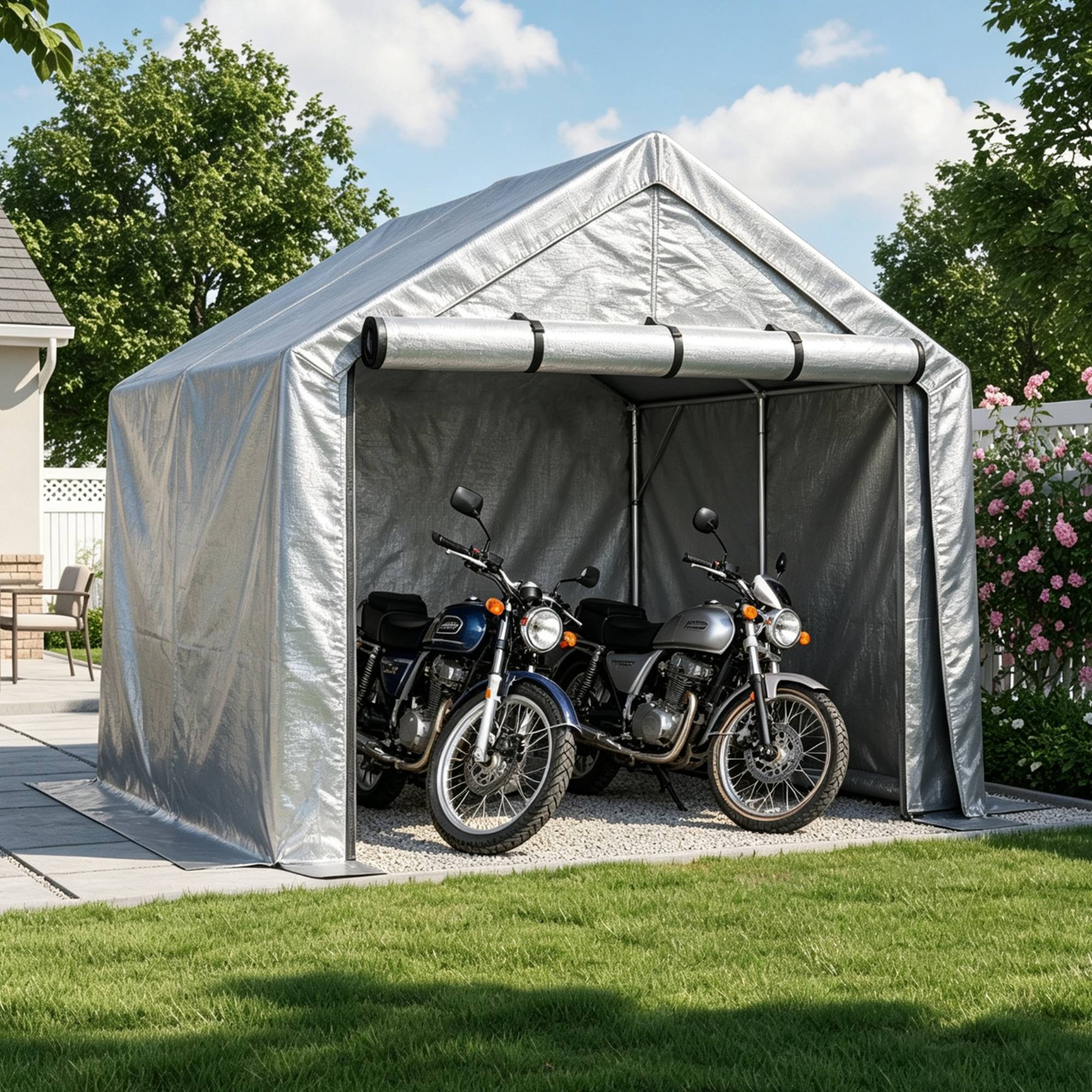 Carport 244×241×217 cm, porte enroulable, bâche imperméable anti-UV, acier galvanisé gris - Image 4