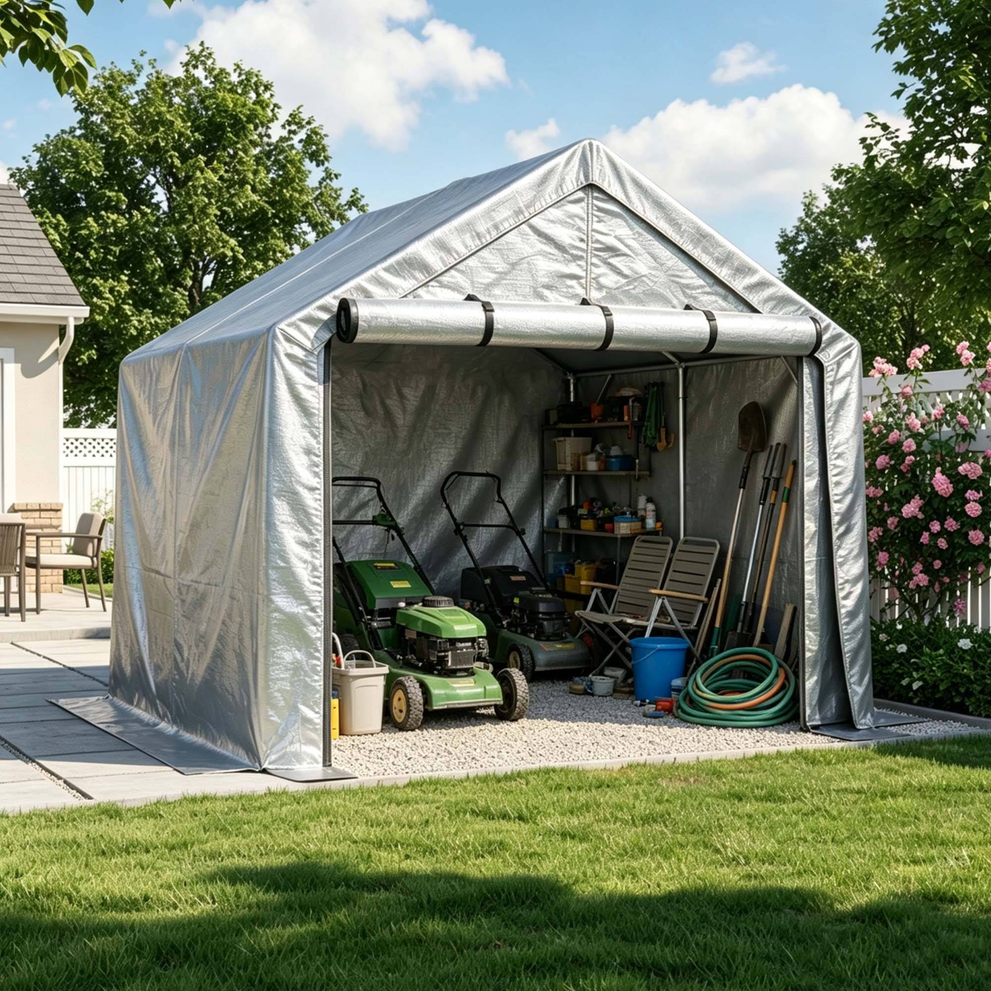 Carport 244×241×217 cm, porte enroulable, bâche imperméable anti-UV, acier galvanisé gris - Image 1