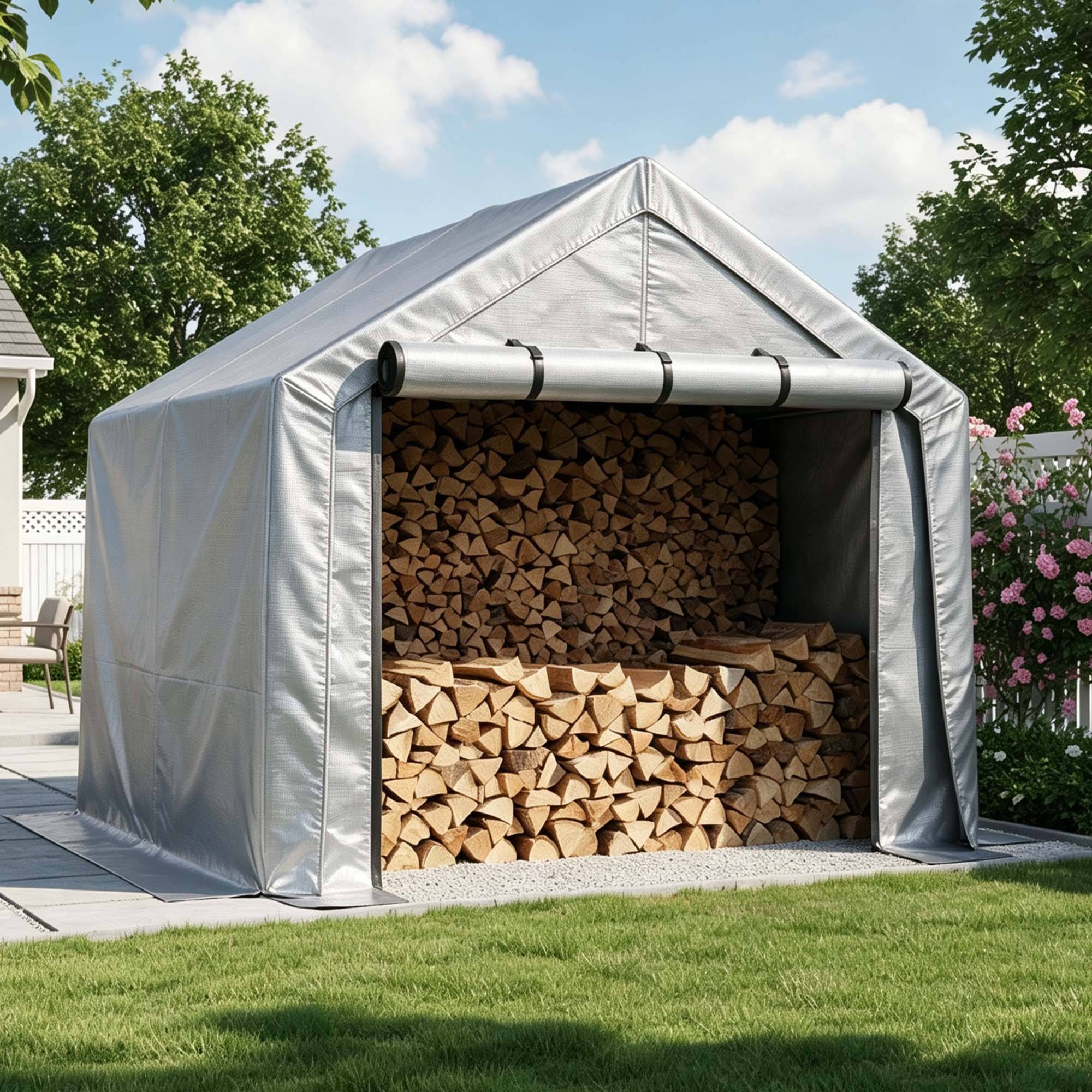 Carport 244×241×217 cm, porte enroulable, bâche imperméable anti-UV, acier galvanisé gris - Image 3