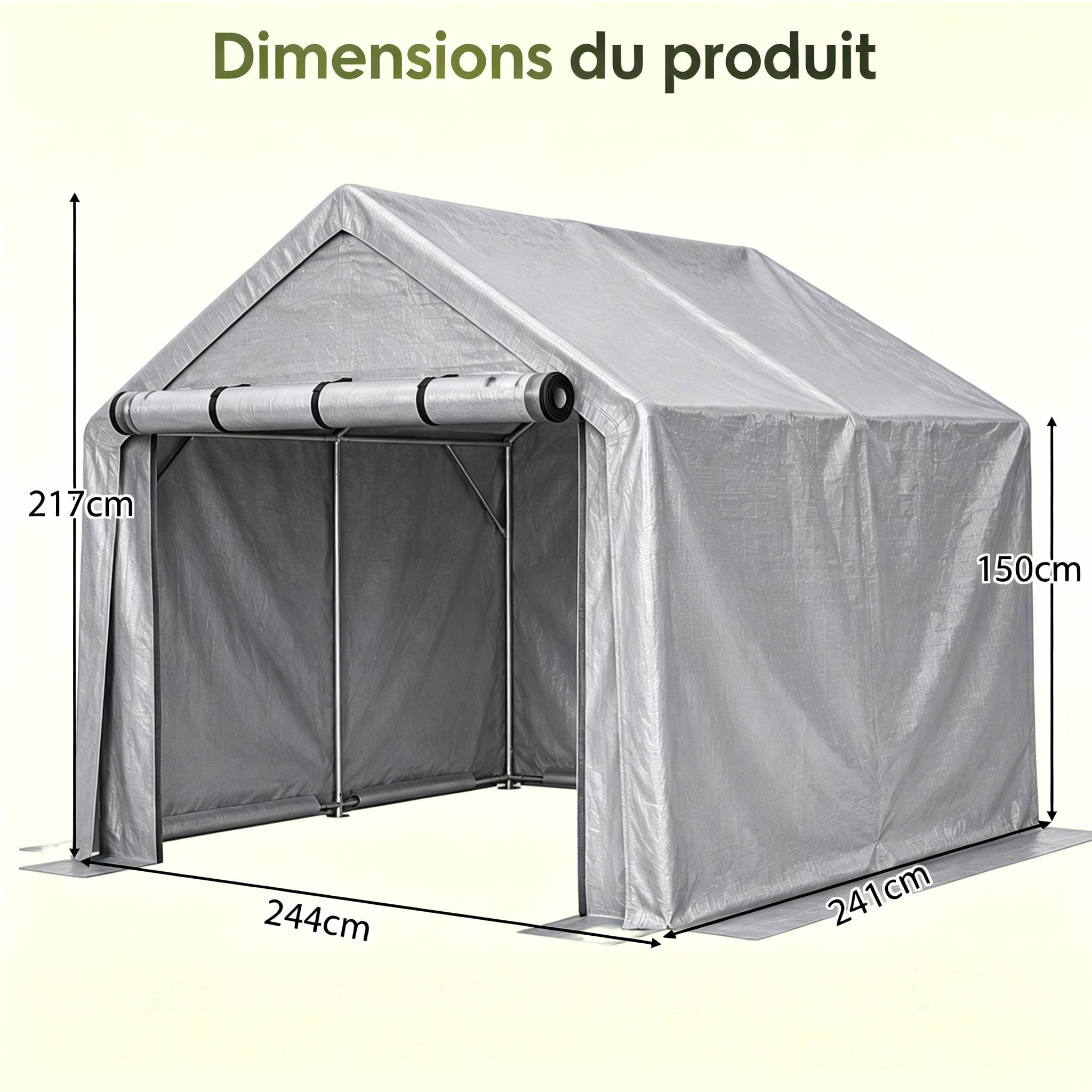 Carport 244×241×217 cm, porte enroulable, bâche imperméable anti-UV, acier galvanisé gris - Image 2