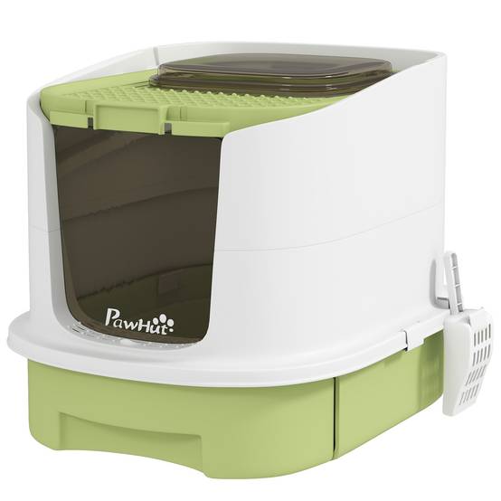 Bac à litière fermé pour chat avec entrée frontale, sortie par le haut, plateau et pelle amovibles, 40,5 x 52,5 x 42,5 cm, blanc et vert - Image 2