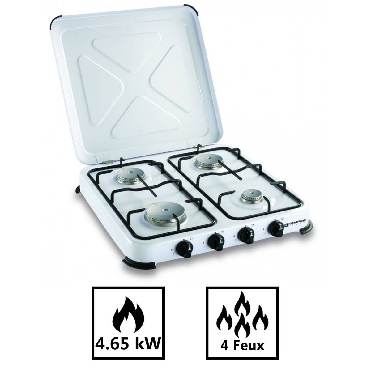 Plaque de Cuisson gaz 4 feux portable 4650W - Réchaud gaz butane propane couvercle grille amovibles Cuisine Extérieure KEMPER - Image 8