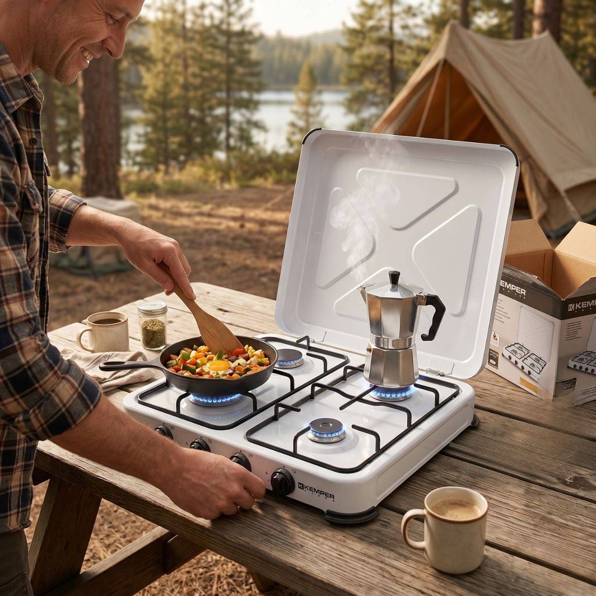 Plaque de Cuisson gaz 4 feux portable 4650W - Réchaud gaz butane propane couvercle grille amovibles Cuisine Extérieure KEMPER - Image 4