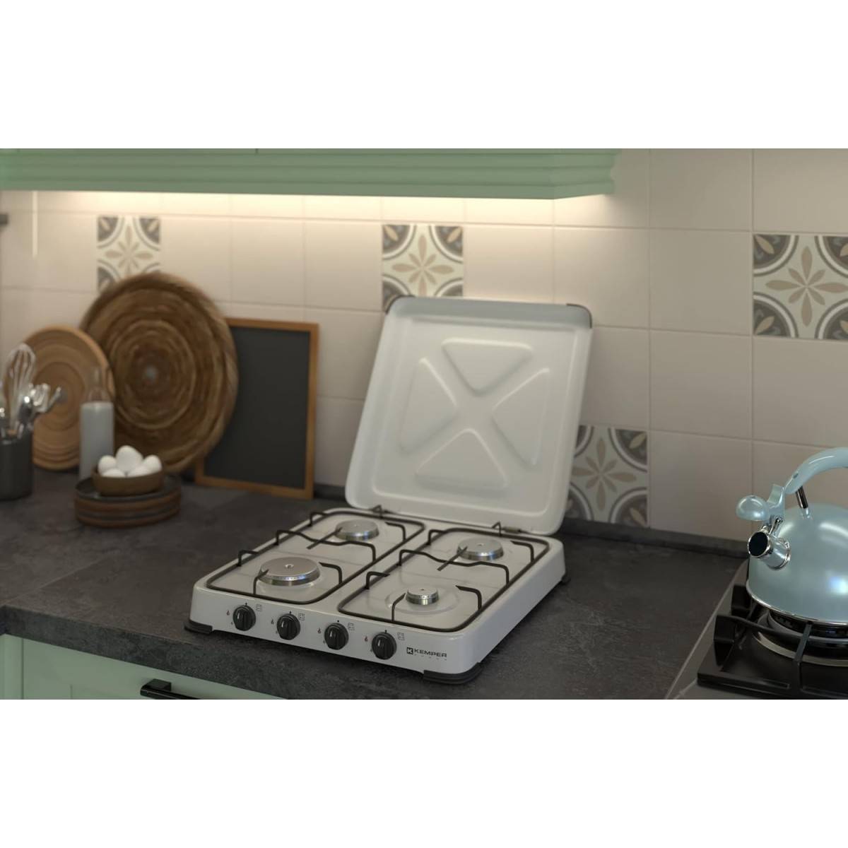 Plaque de Cuisson gaz 4 feux portable 4650W - Réchaud gaz butane propane couvercle grille amovibles Cuisine Extérieure KEMPER - Image 5