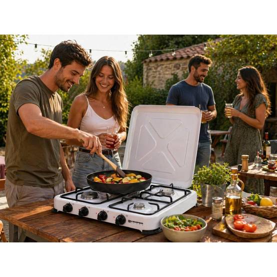Plaque de Cuisson gaz 4 feux portable 4650W - Réchaud gaz butane propane couvercle grille amovibles Cuisine Extérieure KEMPER - Image 3