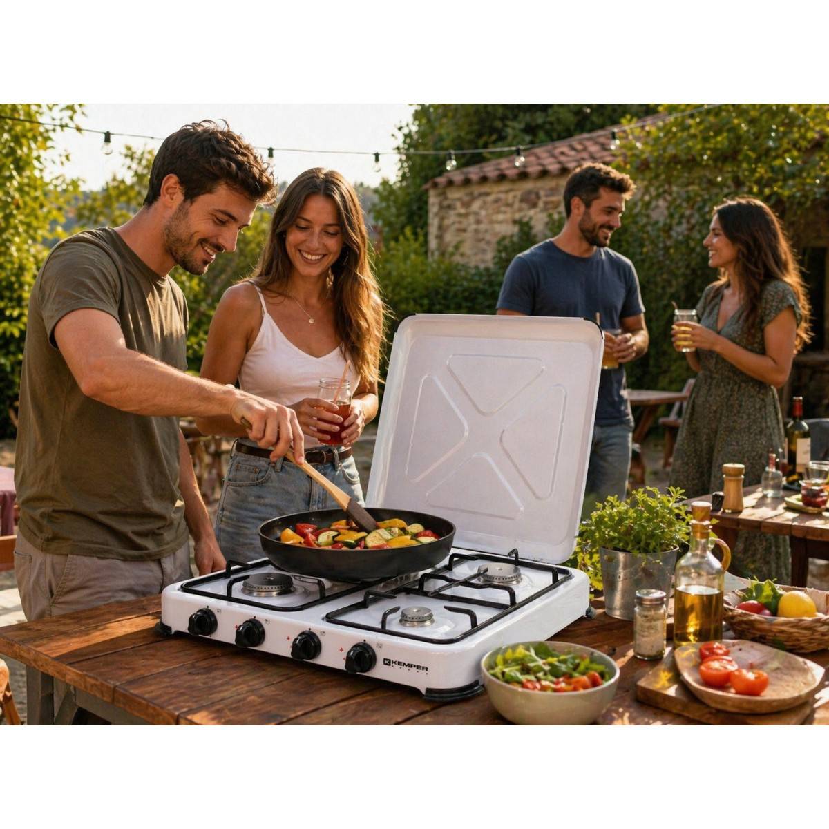 Plaque de Cuisson gaz 4 feux portable 4650W - Réchaud gaz butane propane couvercle grille amovibles Cuisine Extérieure KEMPER - Image 3
