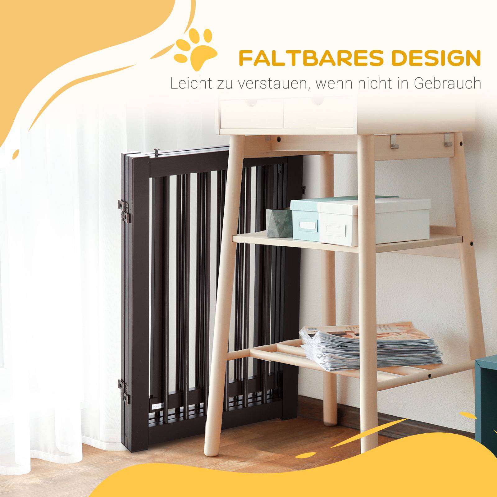 Sans Marque - Barrière autonome réglable avec pieds, 155x76 cm, pliable, pour escaliers, portes, cuisine, 3 panneaux, brun foncé - Image 9