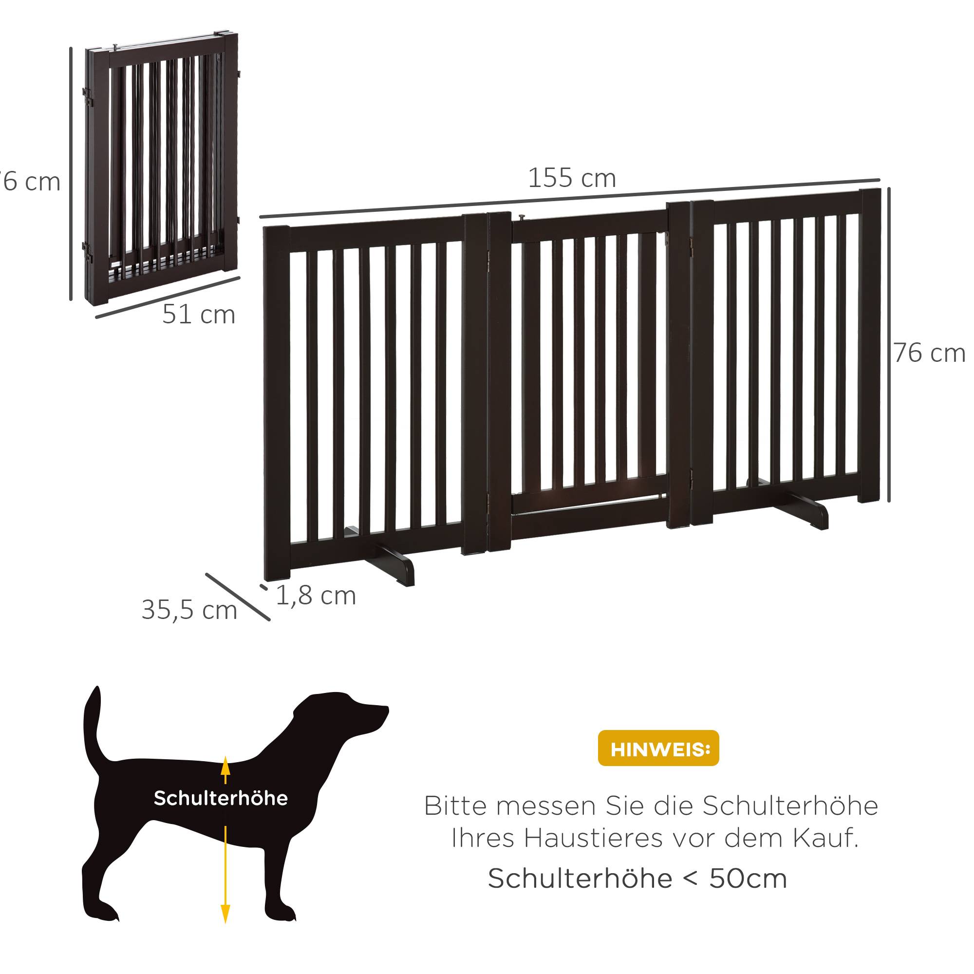 Sans Marque - Barrière autonome réglable avec pieds, 155x76 cm, pliable, pour escaliers, portes, cuisine, 3 panneaux, brun foncé - Image 5