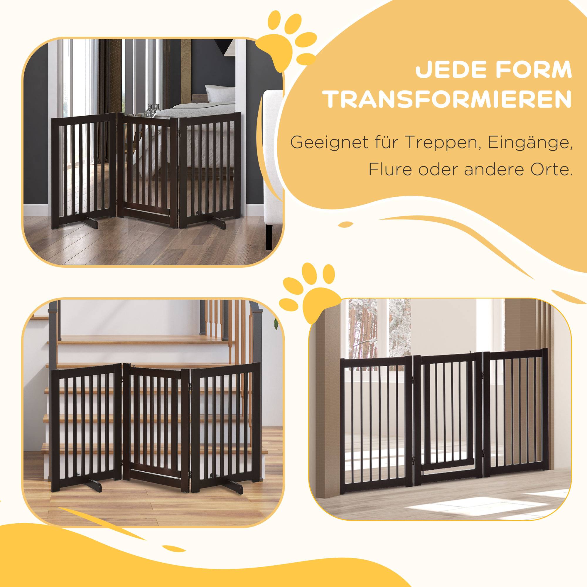 Sans Marque - Barrière autonome réglable avec pieds, 155x76 cm, pliable, pour escaliers, portes, cuisine, 3 panneaux, brun foncé - Image 7