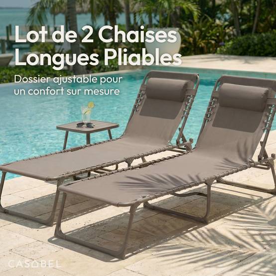 Lot de 2 Chaises Longues Pliantes taupe, inclinables CASABEL - Image 3